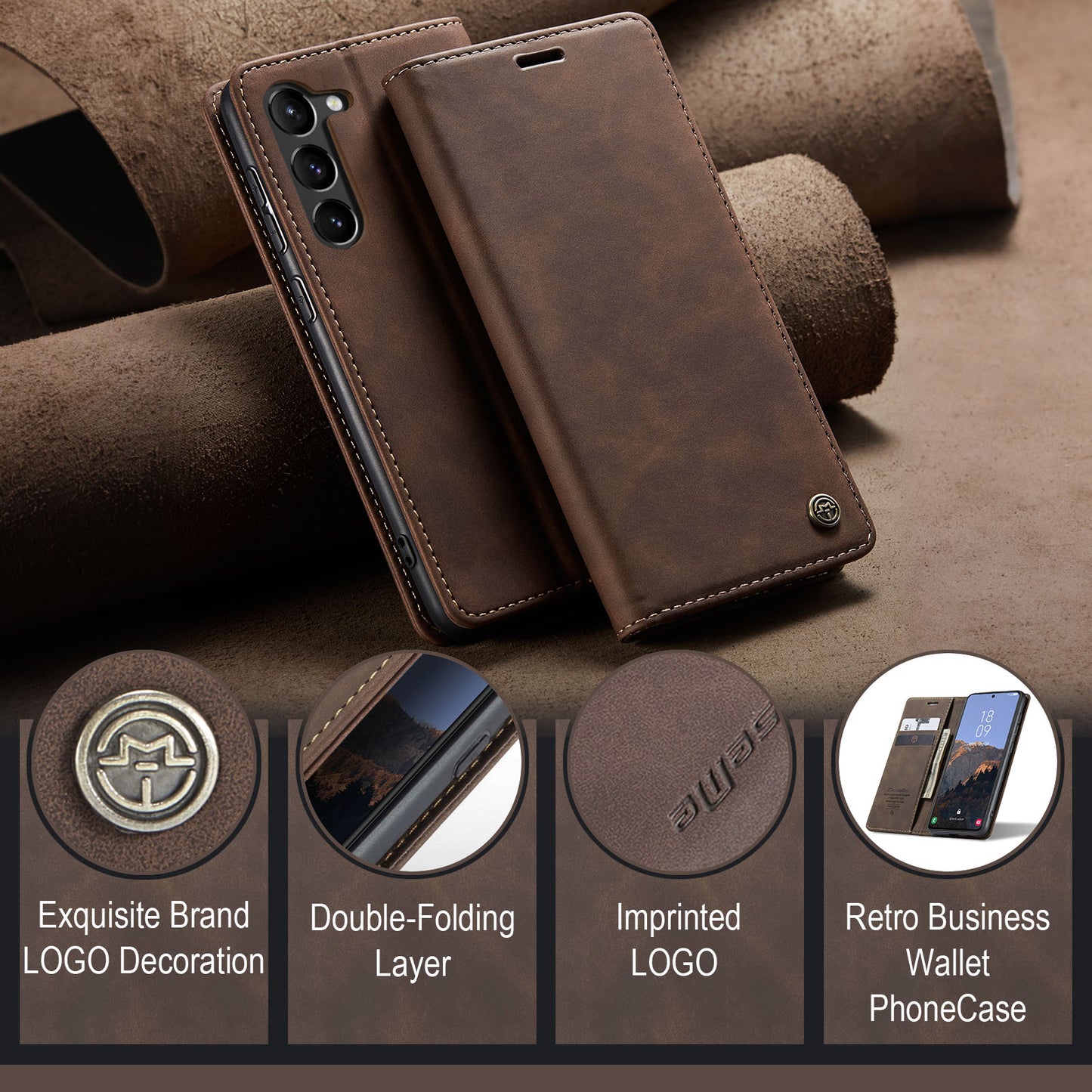 CASEME 013 Series For Samsung Galaxy S24+ Case PU Leather Wallet Mobile Phone Protector - Coffee
