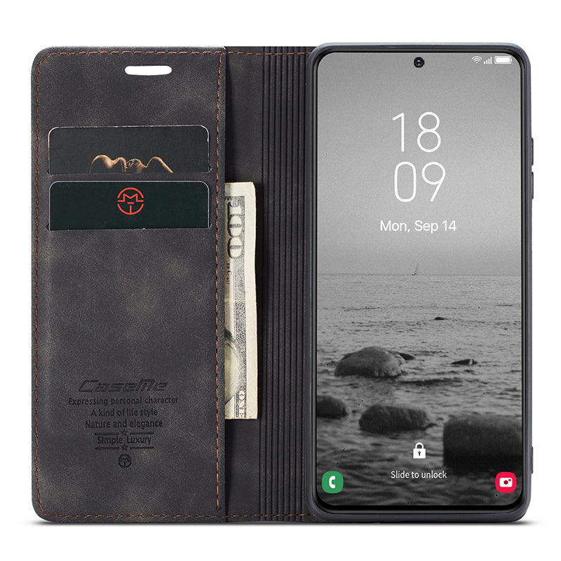 CASEME 013 Series For Samsung Galaxy S24 Case Anti-drop PU Leather Stand Cellphone Protector - Black