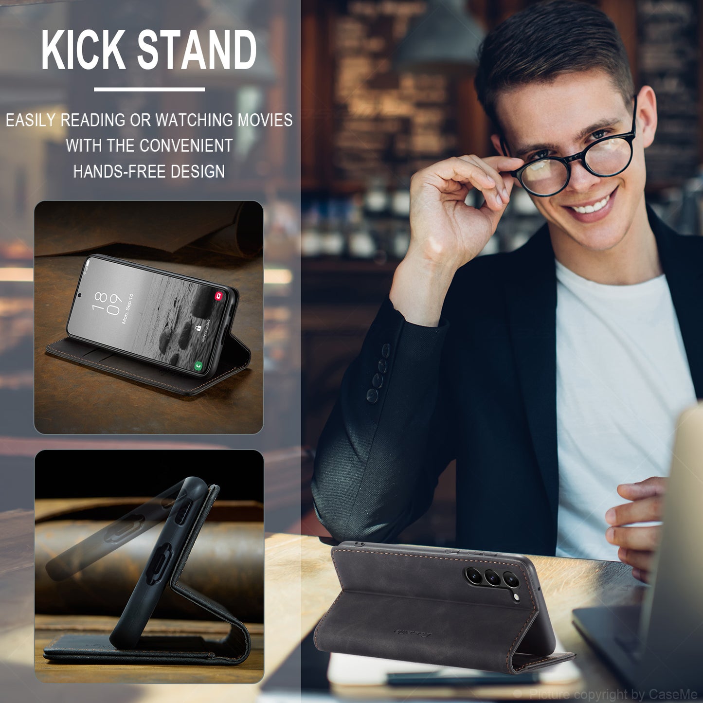 CASEME 013 Series For Samsung Galaxy S24 Case Anti-drop PU Leather Stand Cellphone Protector - Black