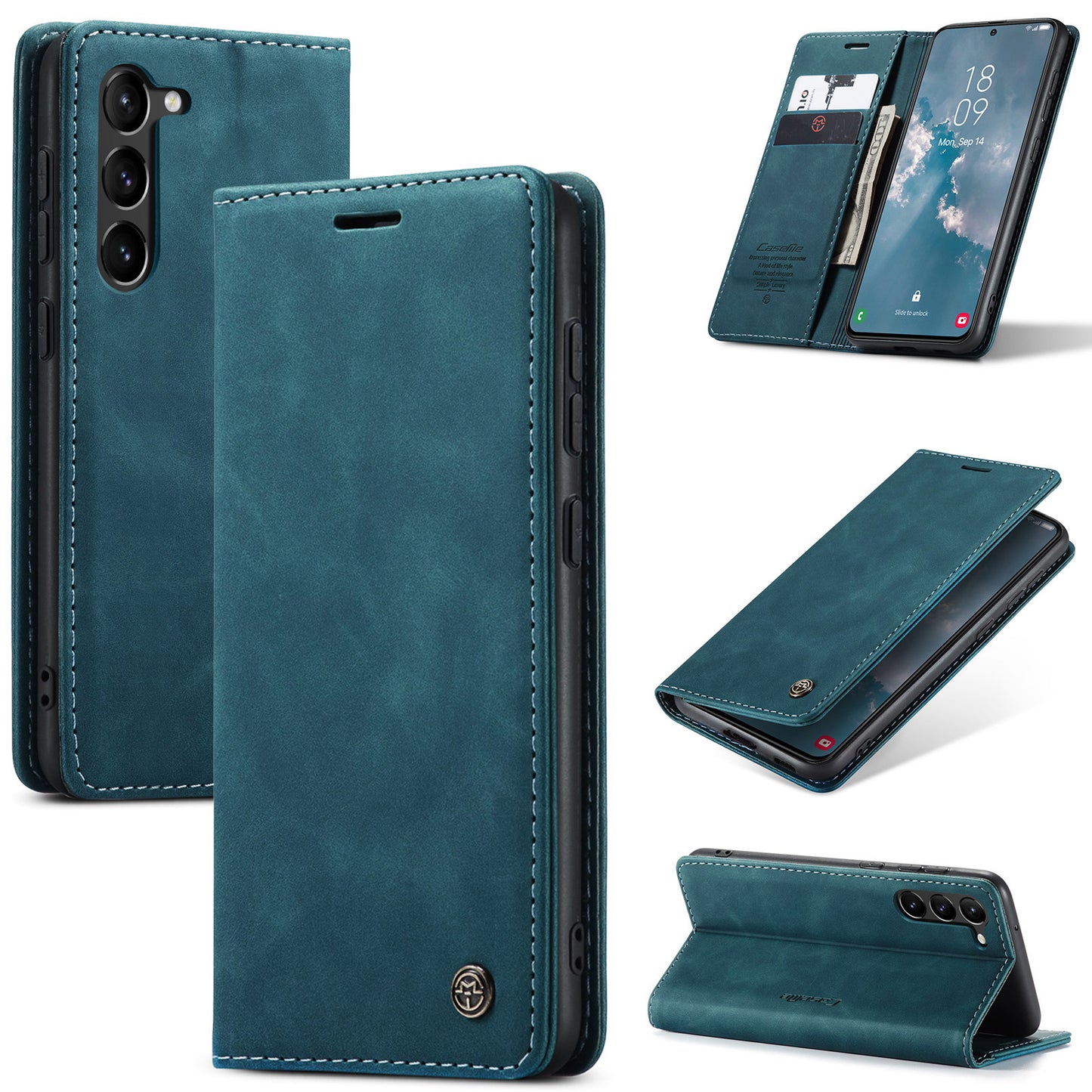 CASEME 013 Series For Samsung Galaxy S24 Case Anti-drop PU Leather Stand Cellphone Protector - Blue