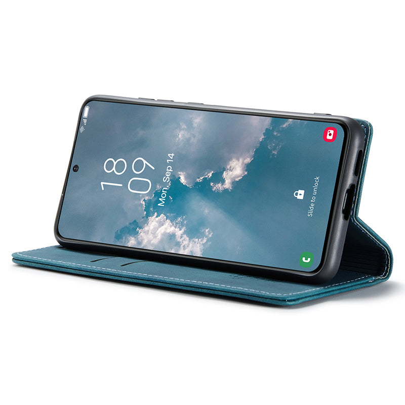 CASEME 013 Series For Samsung Galaxy S24 Case Anti-drop PU Leather Stand Cellphone Protector - Blue