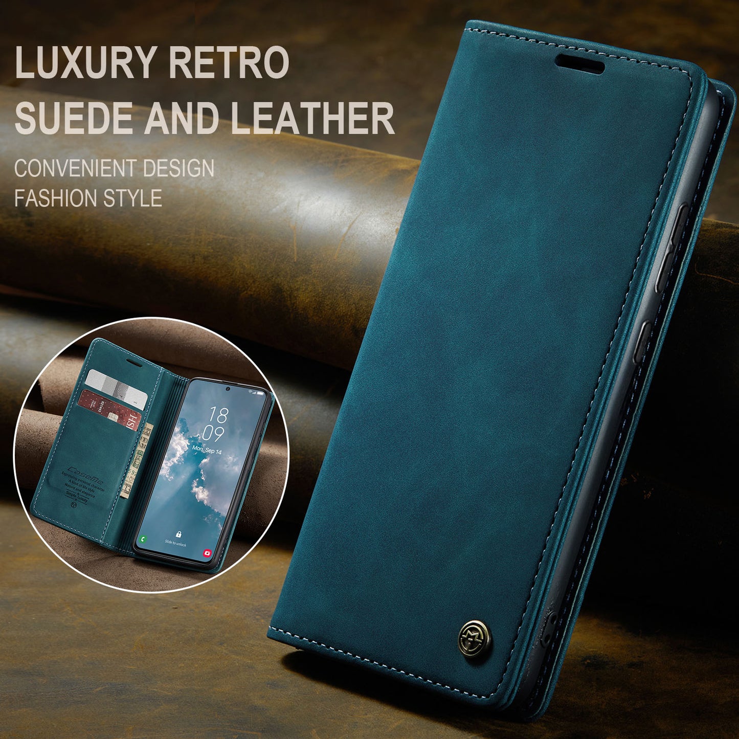CASEME 013 Series For Samsung Galaxy S24 Case Anti-drop PU Leather Stand Cellphone Protector - Blue
