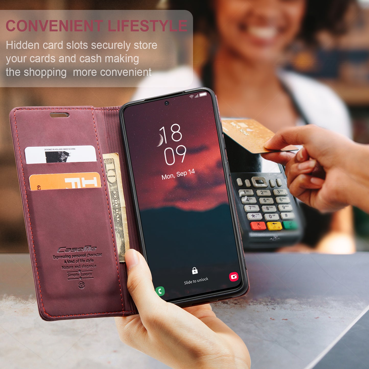CASEME 013 Series For Samsung Galaxy S24 Case Anti-drop PU Leather Stand Cellphone Protector - Red