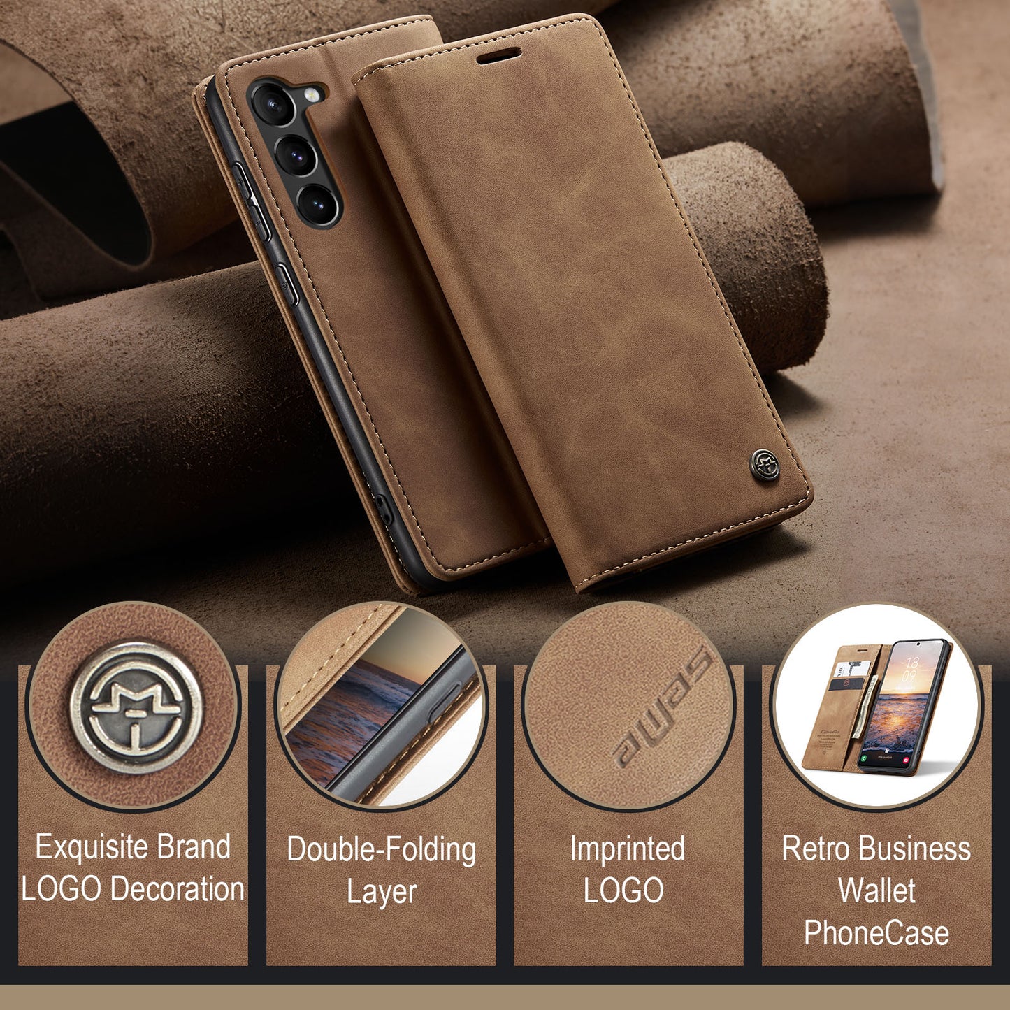 CASEME 013 Series For Samsung Galaxy S24 Case Anti-drop PU Leather Stand Cellphone Protector - Brown