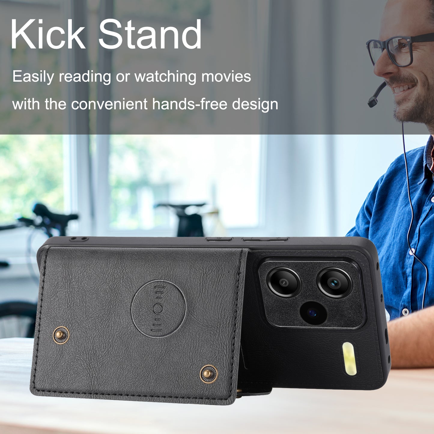 For Xiaomi Redmi Note 13 Pro+ 5G Case Kickstand Leather Coated TPU Phone Cover with Card Holder - Blue