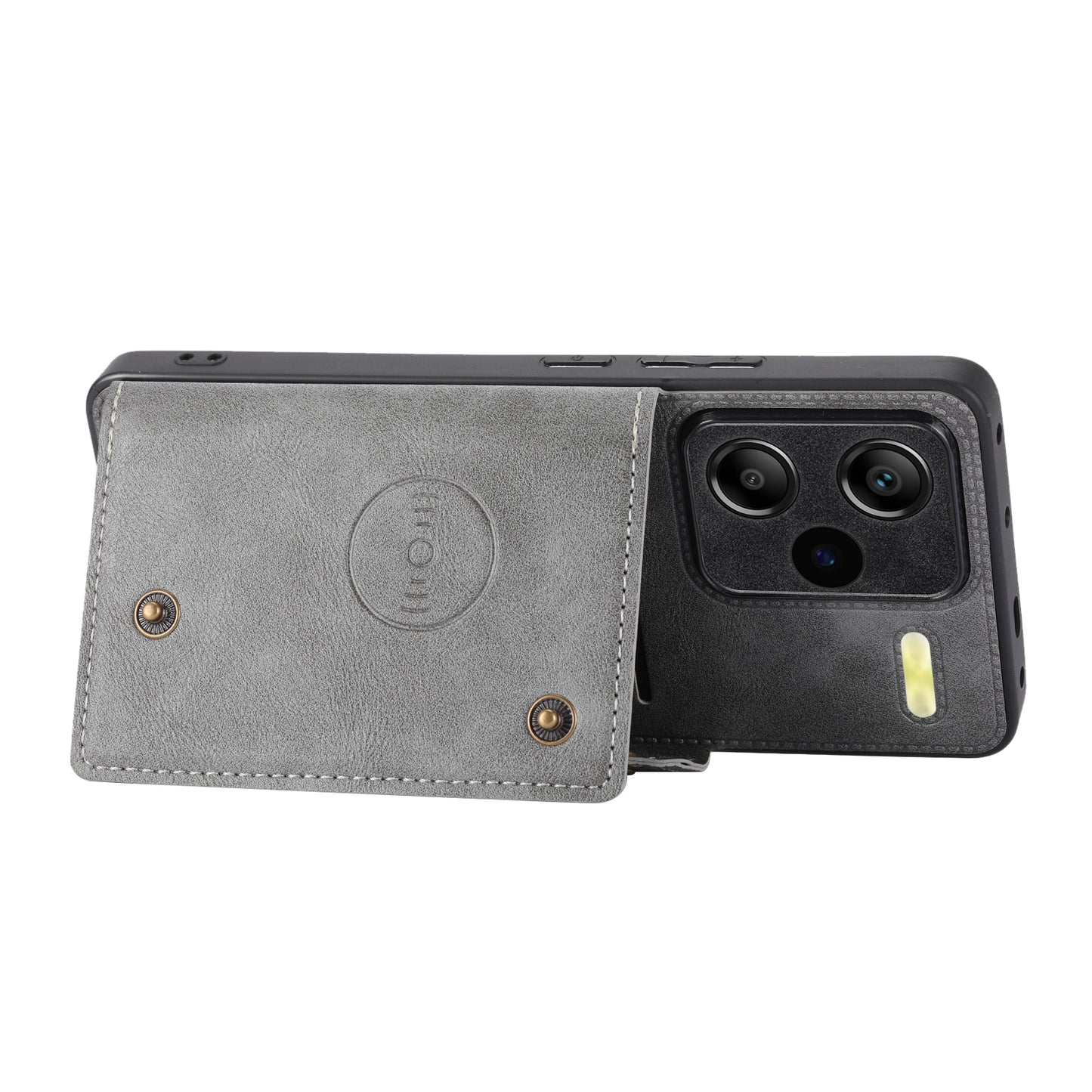 For Xiaomi Redmi Note 13 Pro+ 5G Case Kickstand Leather Coated TPU Phone Cover with Card Holder - Grey