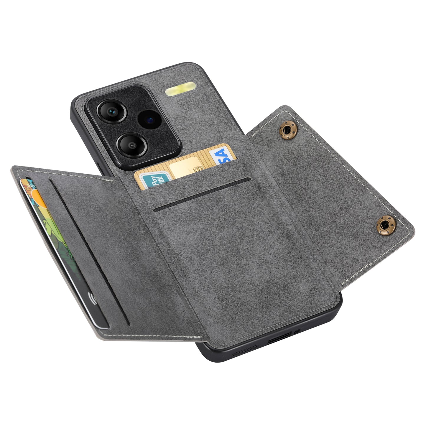 For Xiaomi Redmi Note 13 Pro+ 5G Case Kickstand Leather Coated TPU Phone Cover with Card Holder - Grey