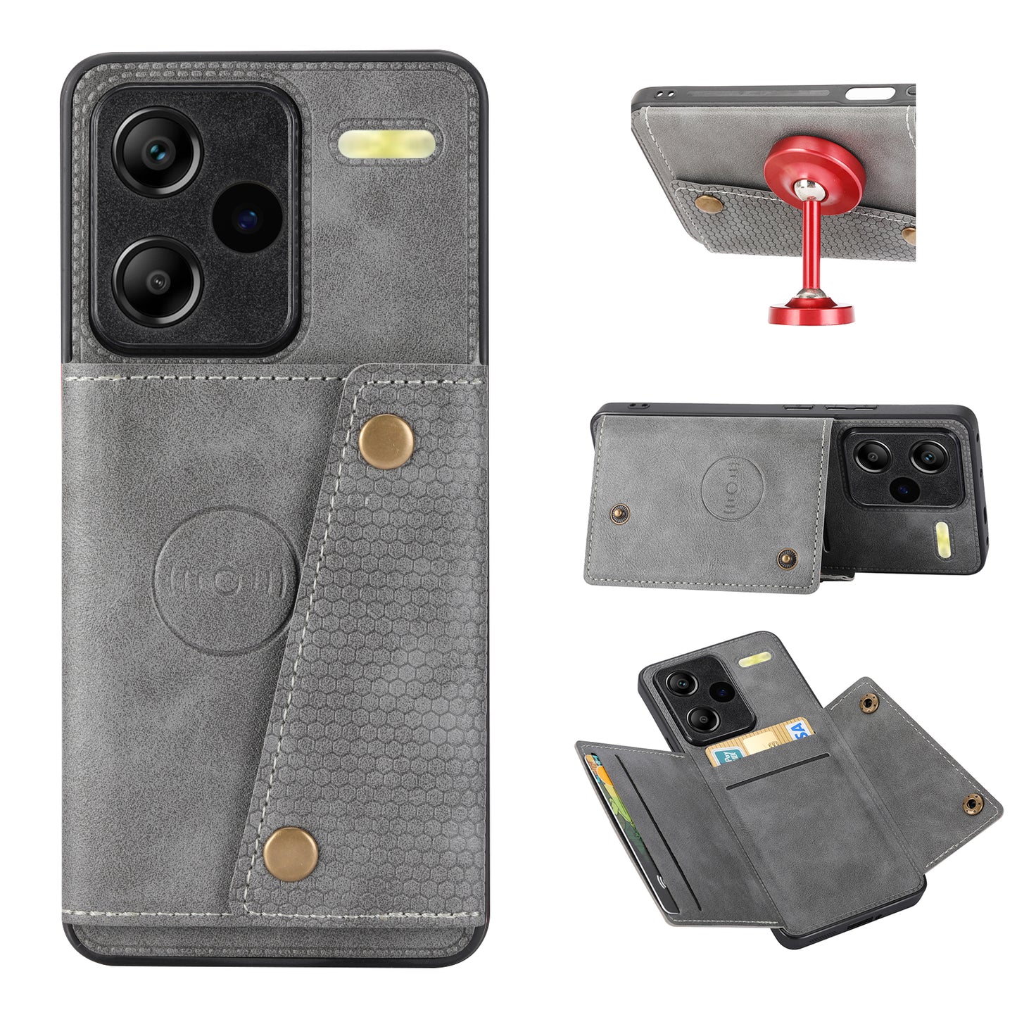 For Xiaomi Redmi Note 13 Pro+ 5G Case Kickstand Leather Coated TPU Phone Cover with Card Holder - Grey