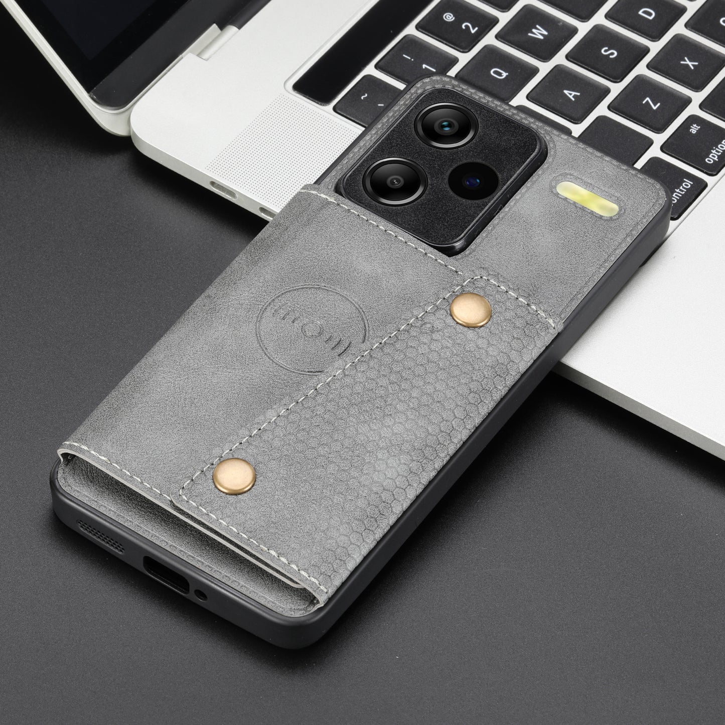 For Xiaomi Redmi Note 13 Pro+ 5G Case Kickstand Leather Coated TPU Phone Cover with Card Holder - Grey