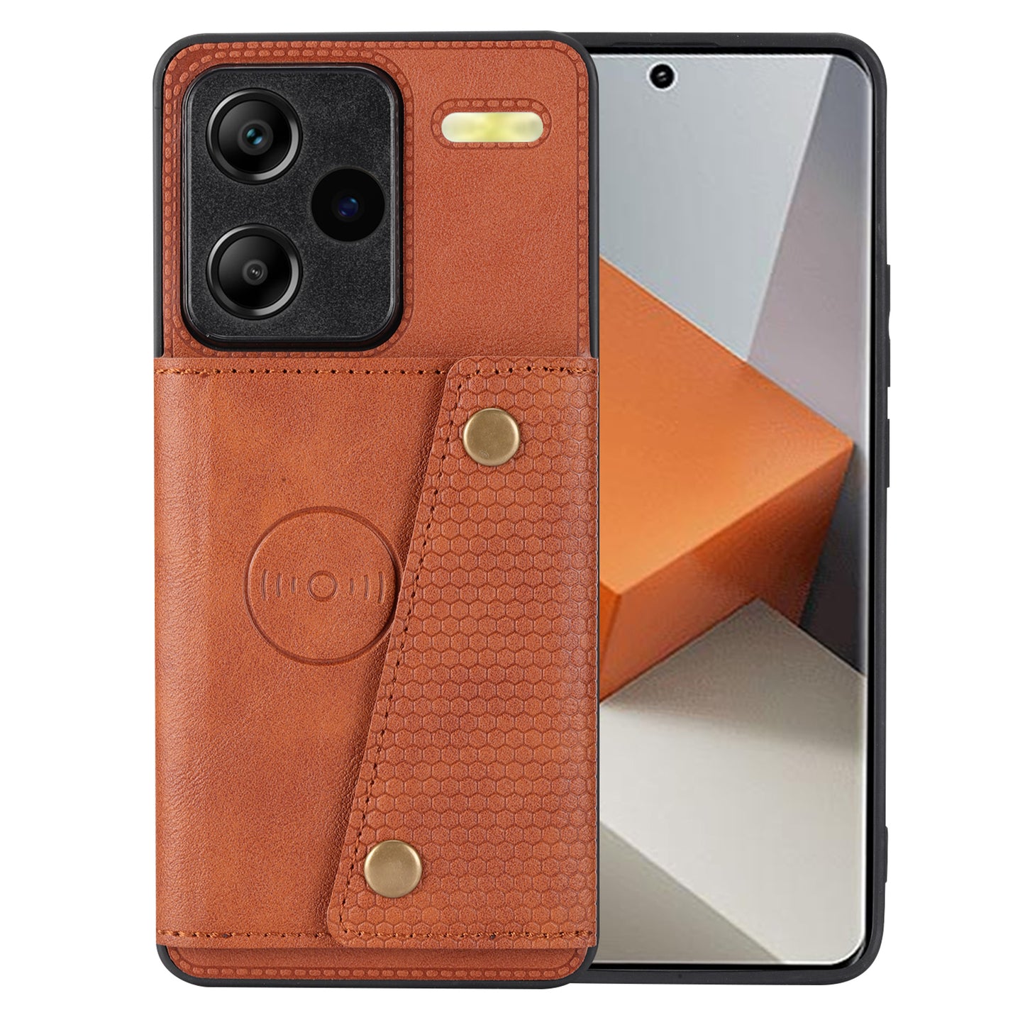 For Xiaomi Redmi Note 13 Pro+ 5G Case Kickstand Leather Coated TPU Phone Cover with Card Holder - Light Brown