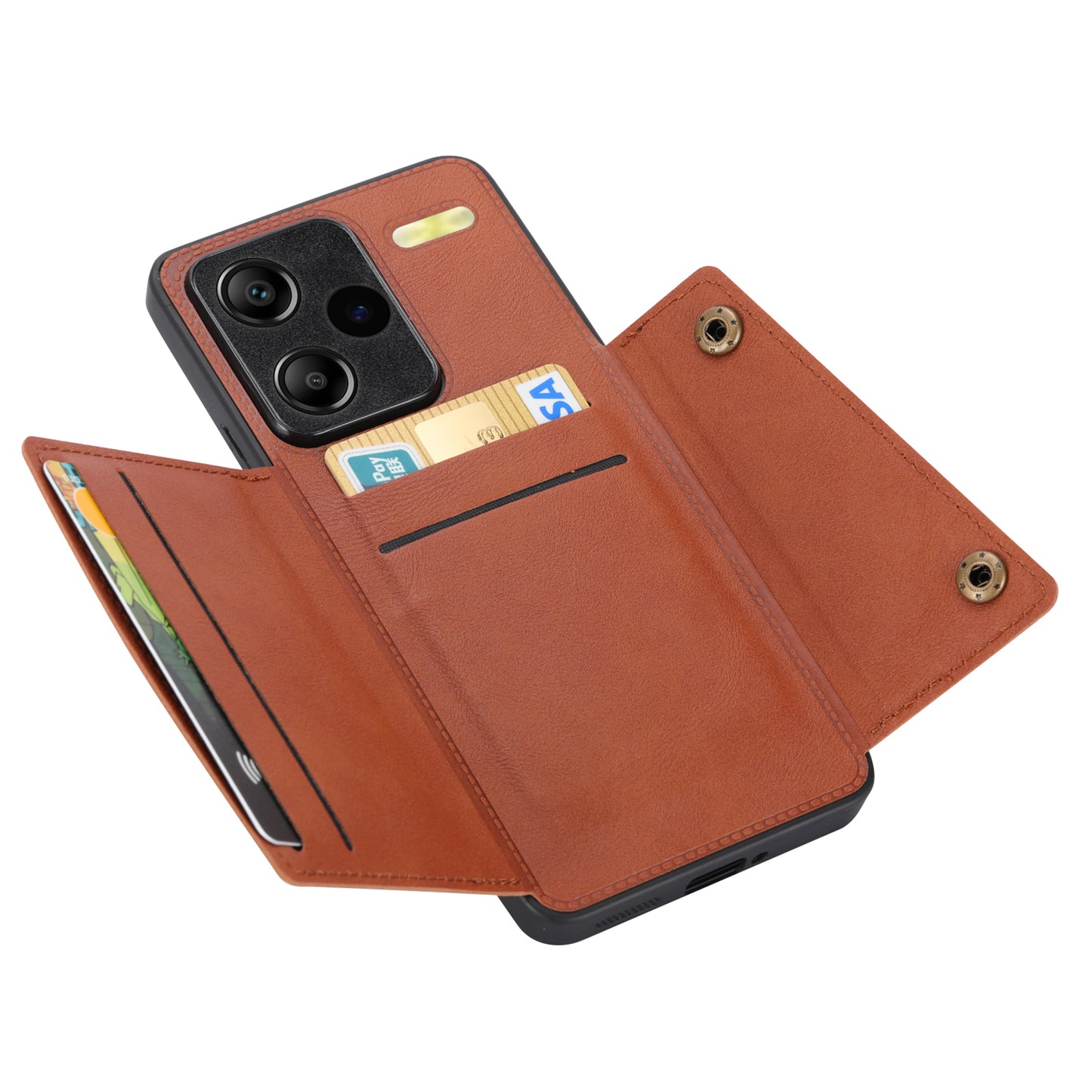 For Xiaomi Redmi Note 13 Pro+ 5G Case Kickstand Leather Coated TPU Phone Cover with Card Holder - Light Brown
