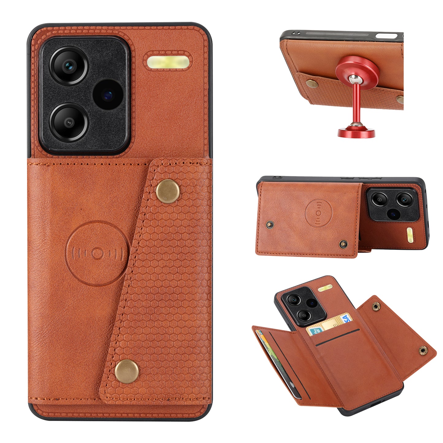For Xiaomi Redmi Note 13 Pro+ 5G Case Kickstand Leather Coated TPU Phone Cover with Card Holder - Light Brown