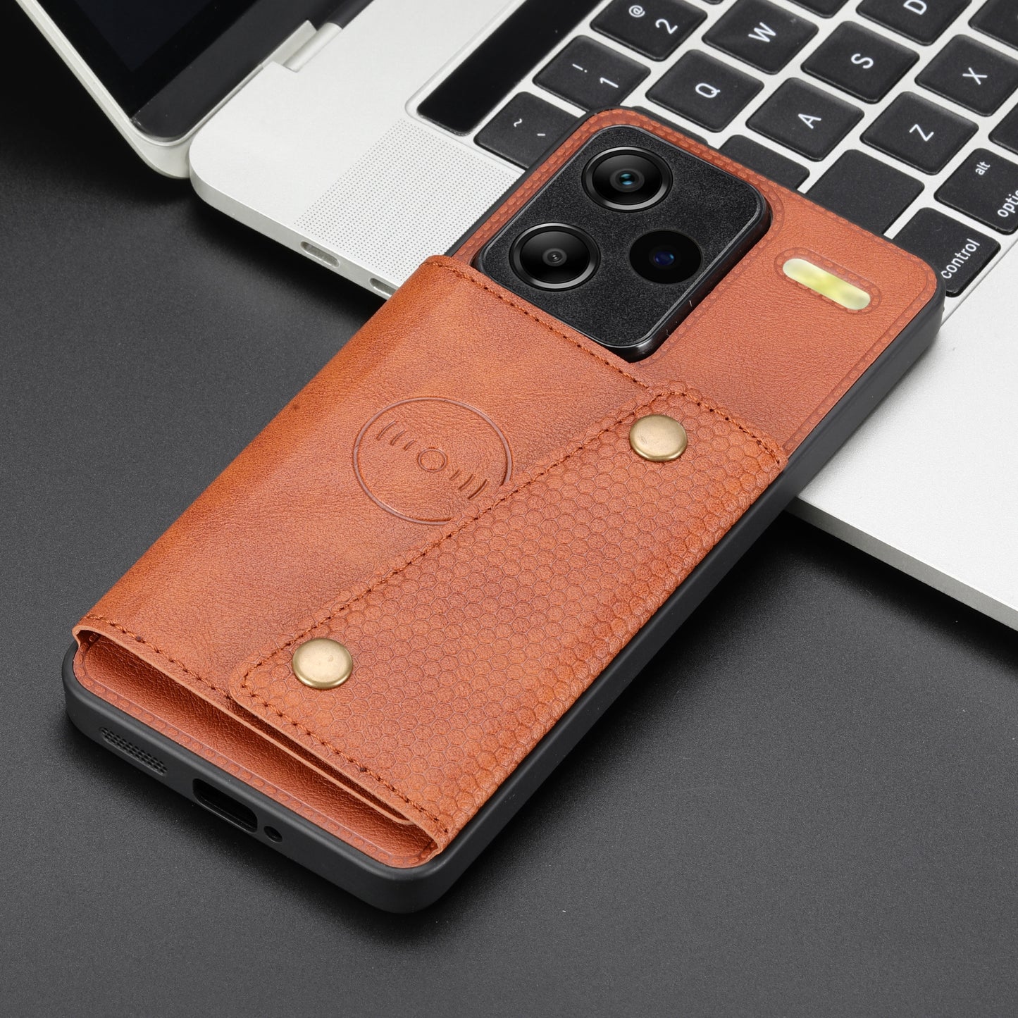 For Xiaomi Redmi Note 13 Pro+ 5G Case Kickstand Leather Coated TPU Phone Cover with Card Holder - Light Brown