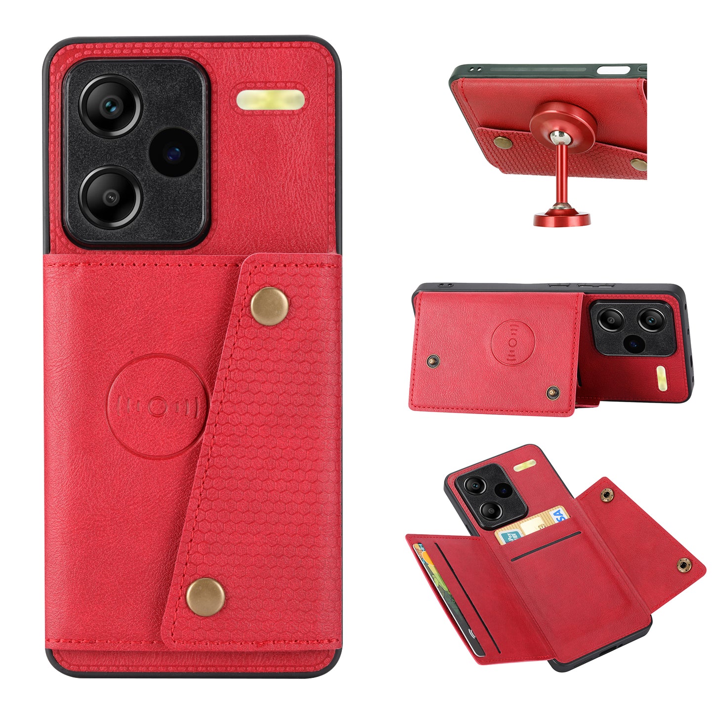 For Xiaomi Redmi Note 13 Pro+ 5G Case Kickstand Leather Coated TPU Phone Cover with Card Holder - Red