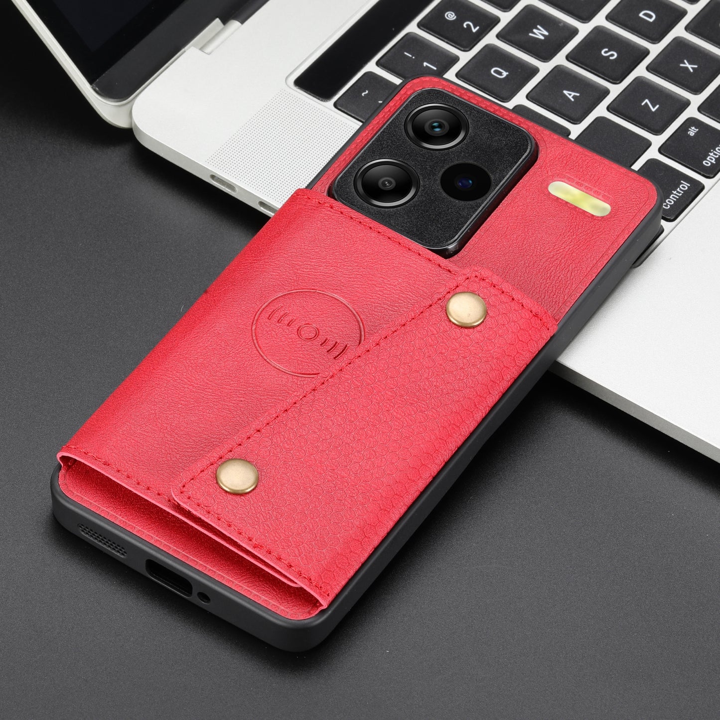 For Xiaomi Redmi Note 13 Pro+ 5G Case Kickstand Leather Coated TPU Phone Cover with Card Holder - Red