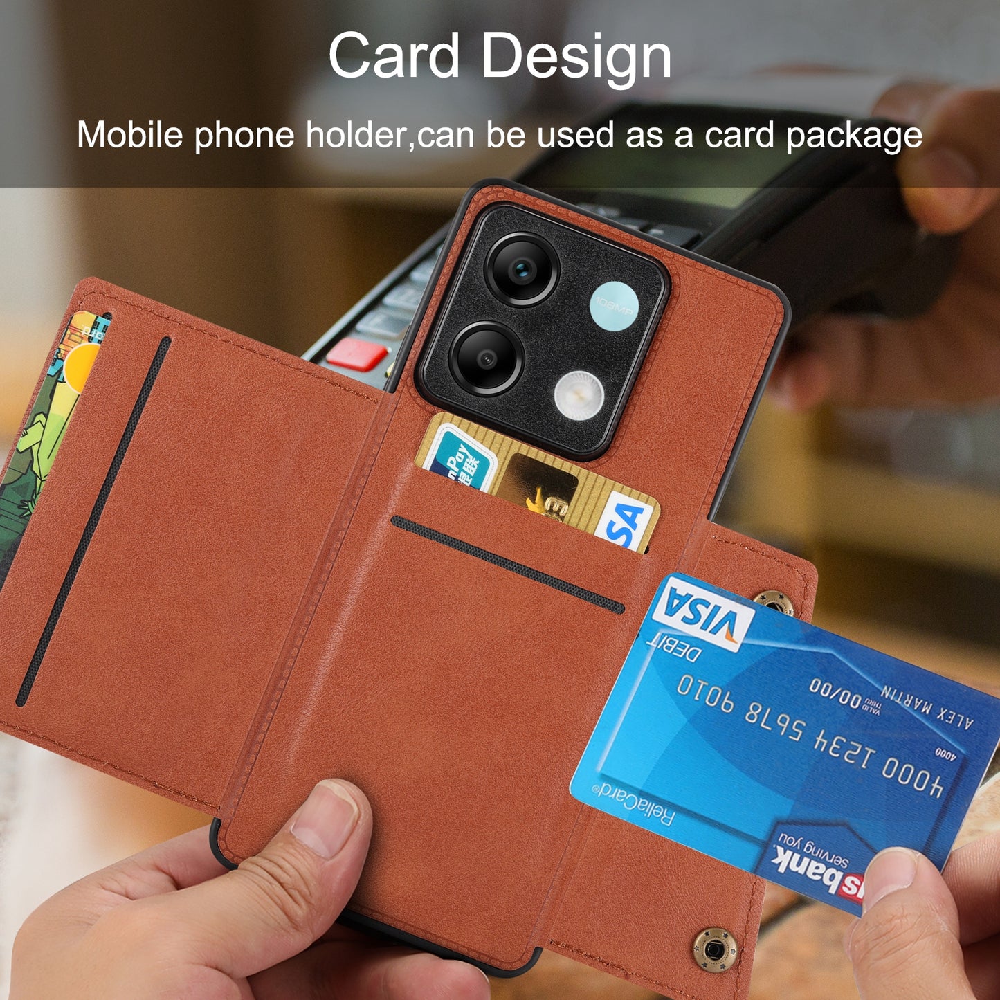 For Xiaomi Redmi Note 13 5G Case PU Leather+TPU Anti-fall Phone Cover with Card Holder - Light Brown