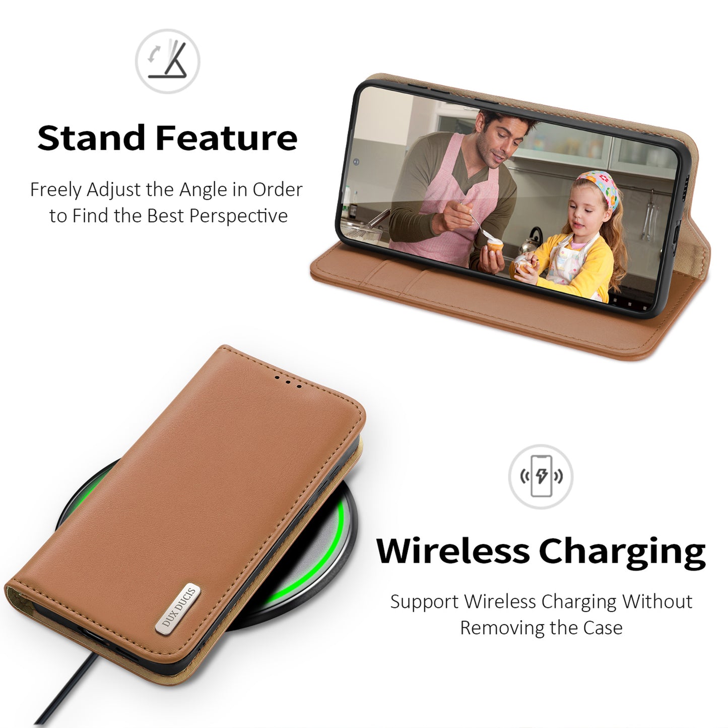 DUX DUCIS Hivo Series for Samsung Galaxy S24+ Case RFID Blocking Cowhide Leather Wallet Cover - Brown