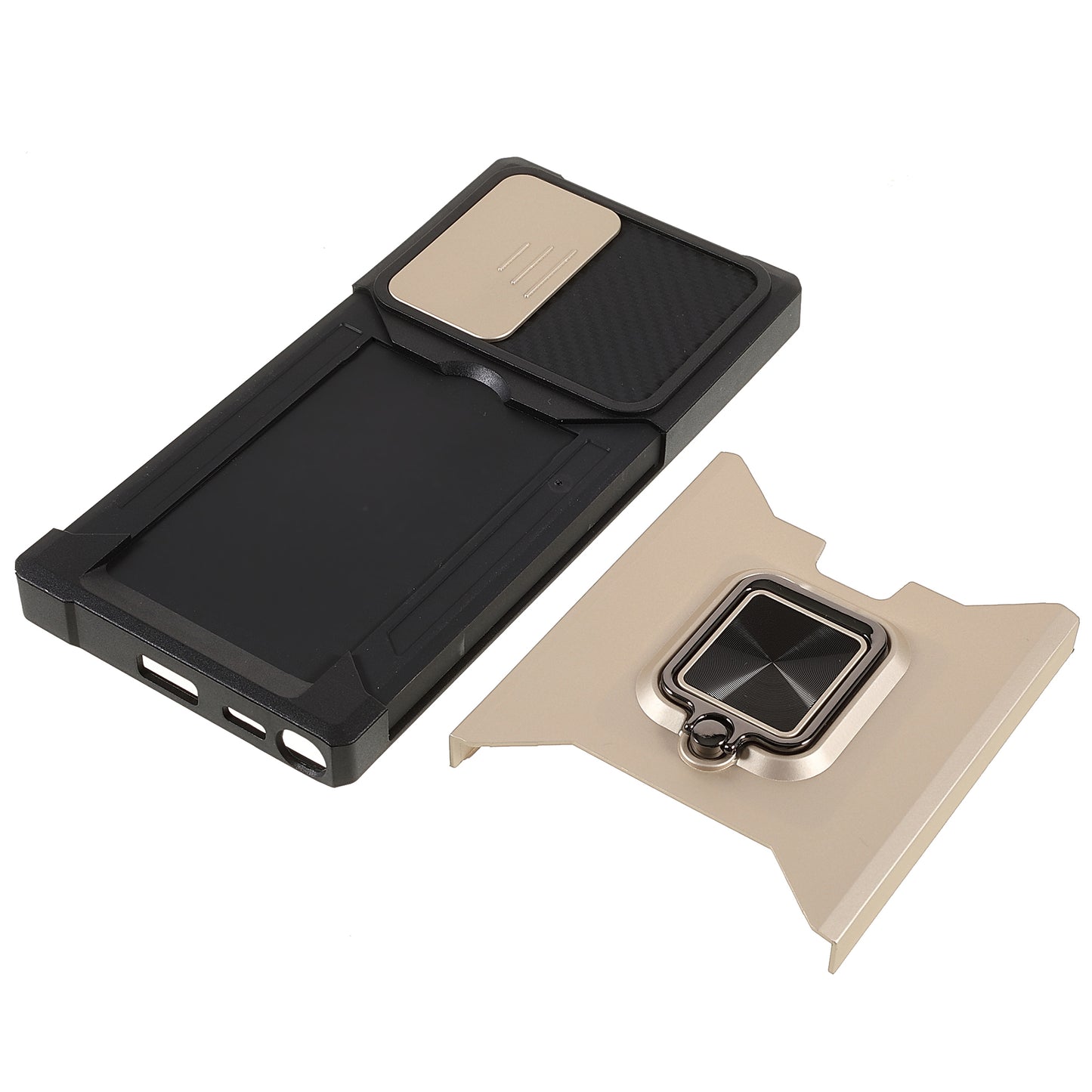 For Samsung Galaxy S24 Ultra Phone Case PC+TPU Kickstand Cover with Card Holder - Gold