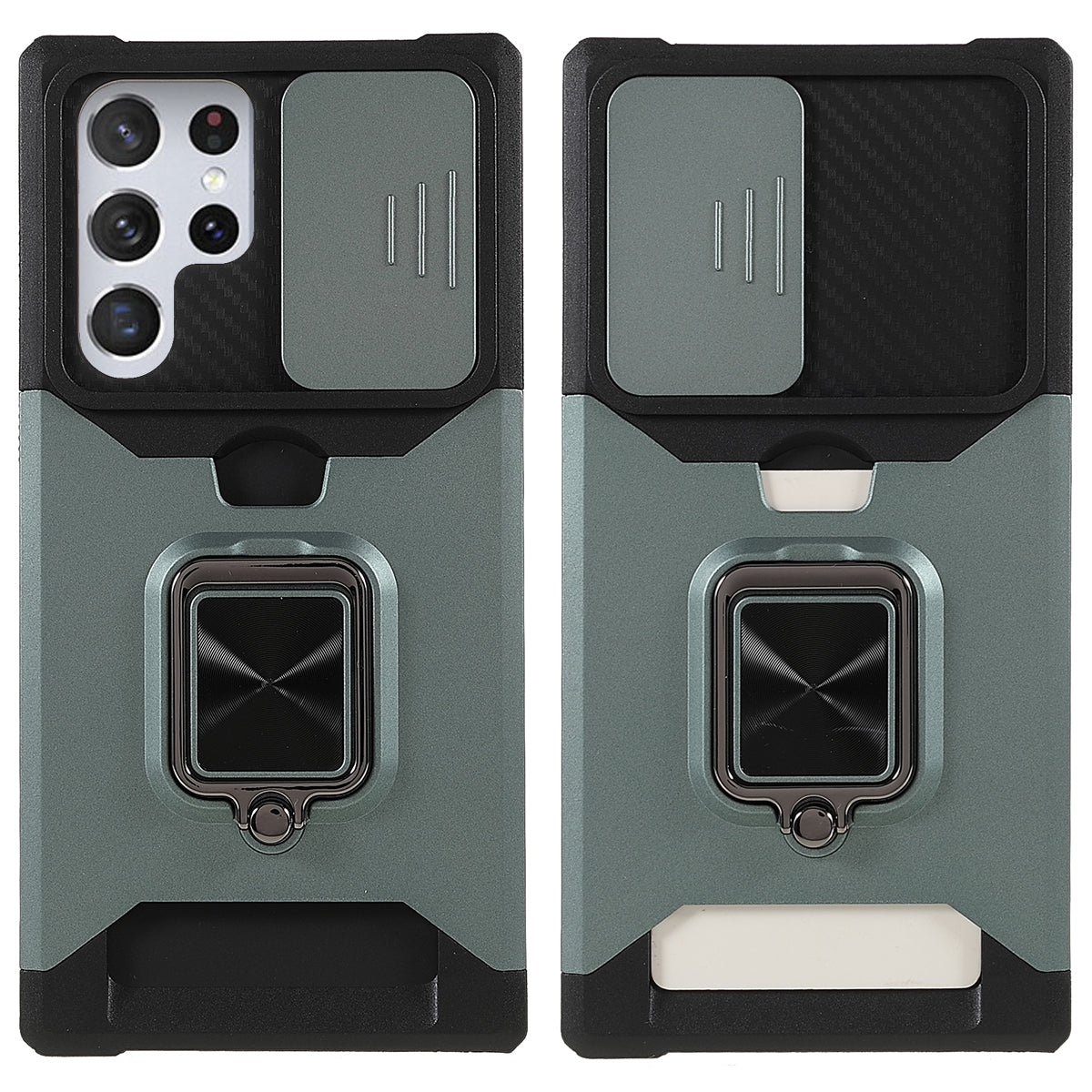 For Samsung Galaxy S24 Ultra Phone Case PC+TPU Kickstand Cover with Card Holder - Blackish Green