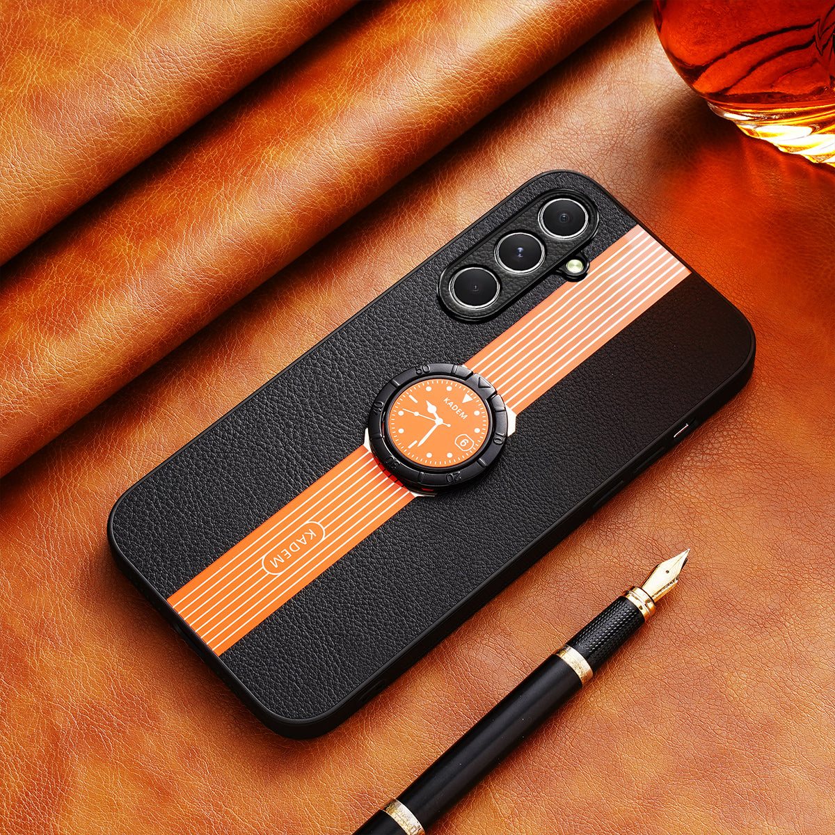 KADEM For Samsung Galaxy S24+ Case Electroplating Ring Kickstand Anti-scratch Phone Cover - Orange