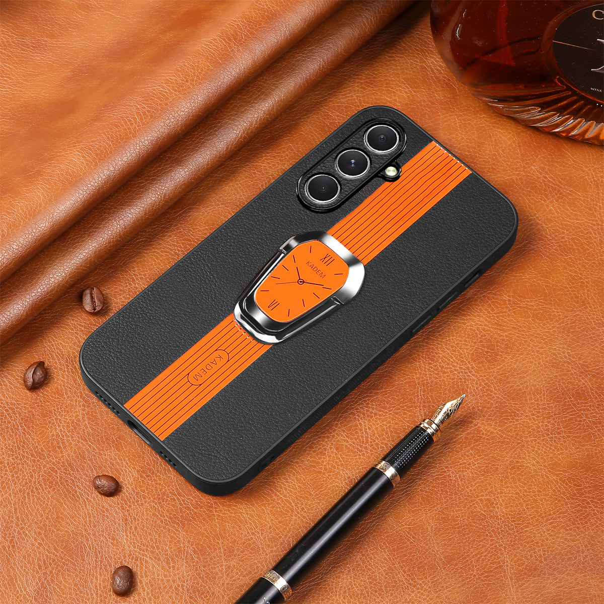 KADEM For Samsung Galaxy S24 Case PU Leather+TPU+Acrylic Kickstand Phone Guard Cover - Orange