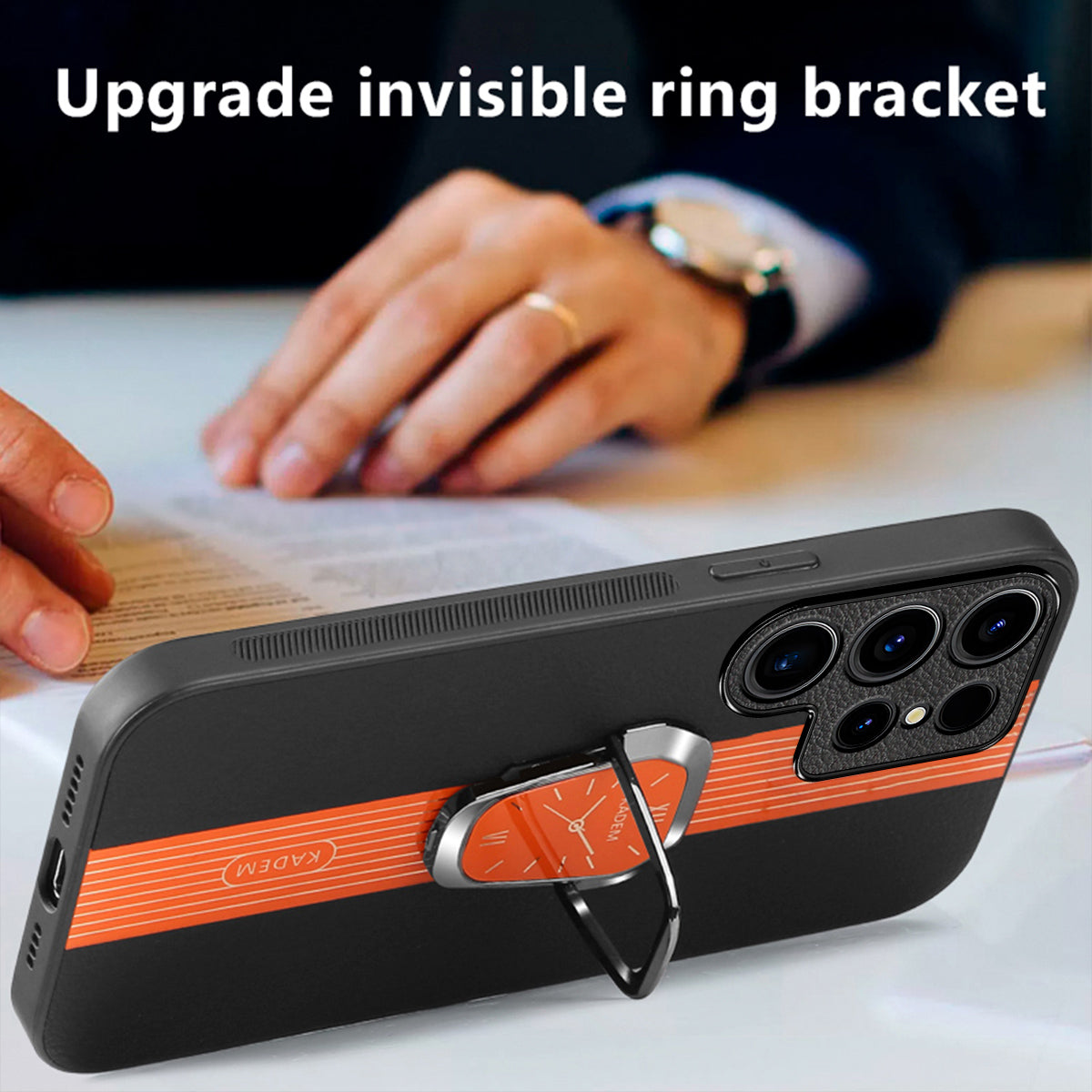 KADEM For Samsung Galaxy S24 Ultra Case Folding Kickstand PU Leather+TPU+Acrylic Cover - Orange