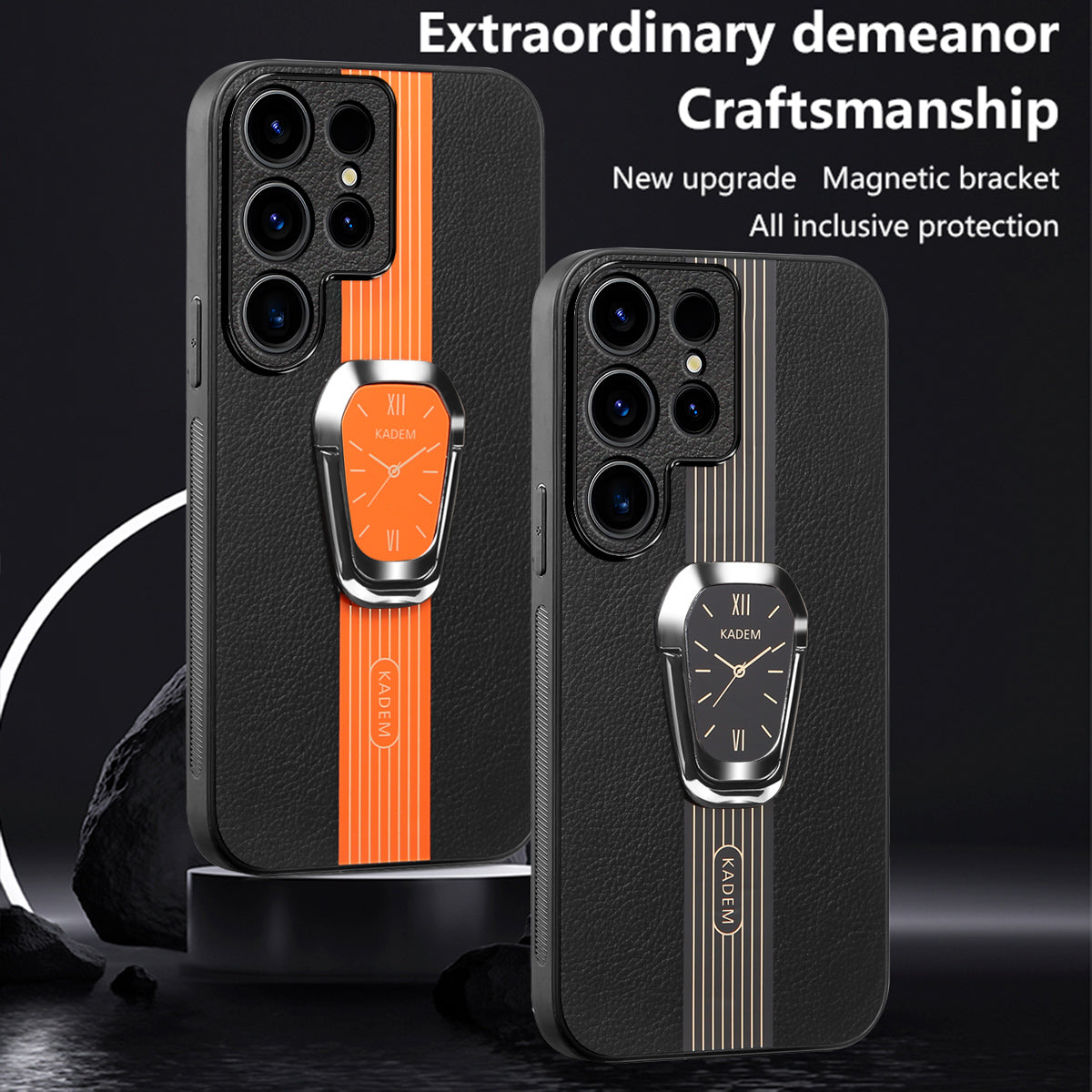 KADEM For Samsung Galaxy S24 Ultra Case Folding Kickstand PU Leather+TPU+Acrylic Cover - Orange