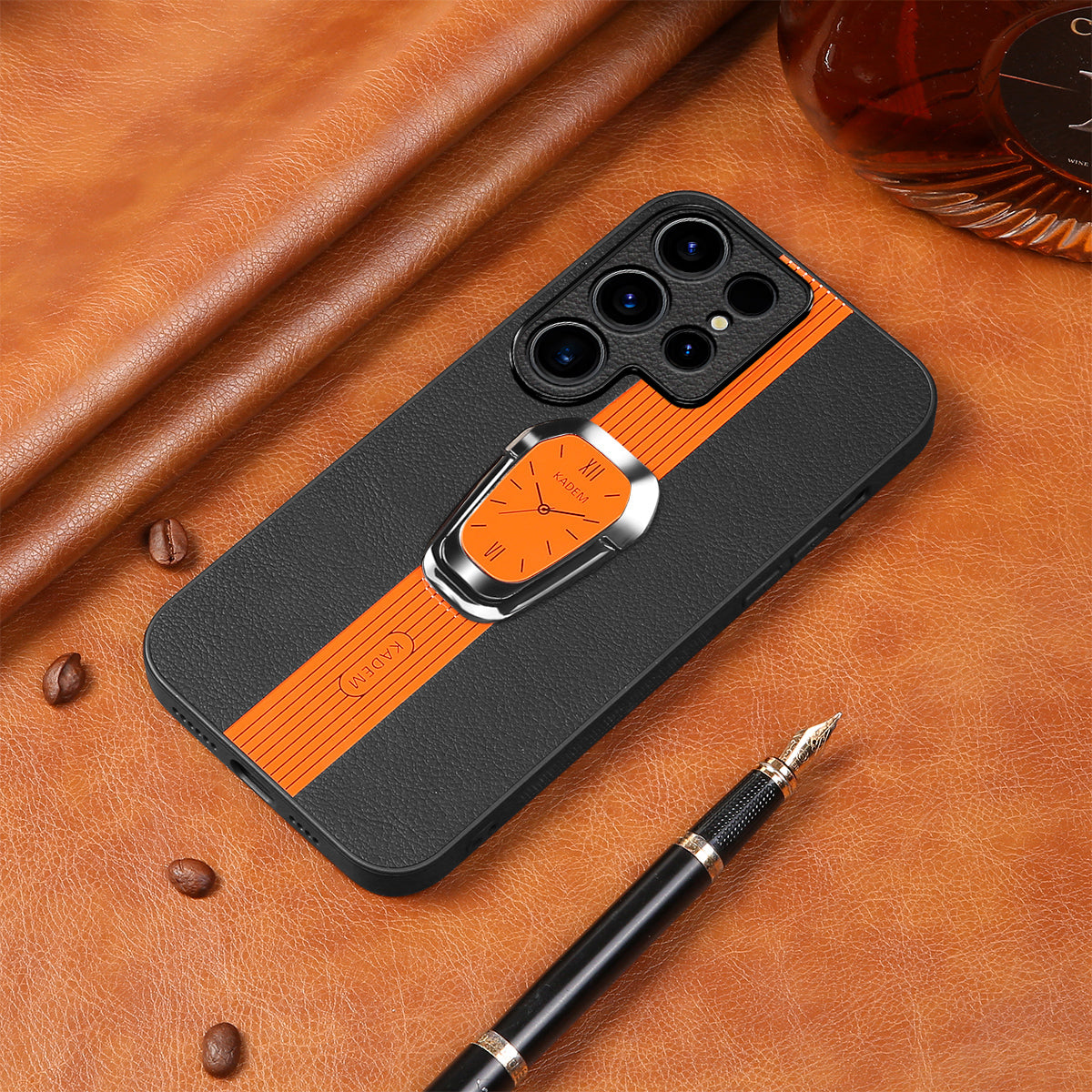 KADEM For Samsung Galaxy S24 Ultra Case Folding Kickstand PU Leather+TPU+Acrylic Cover - Orange