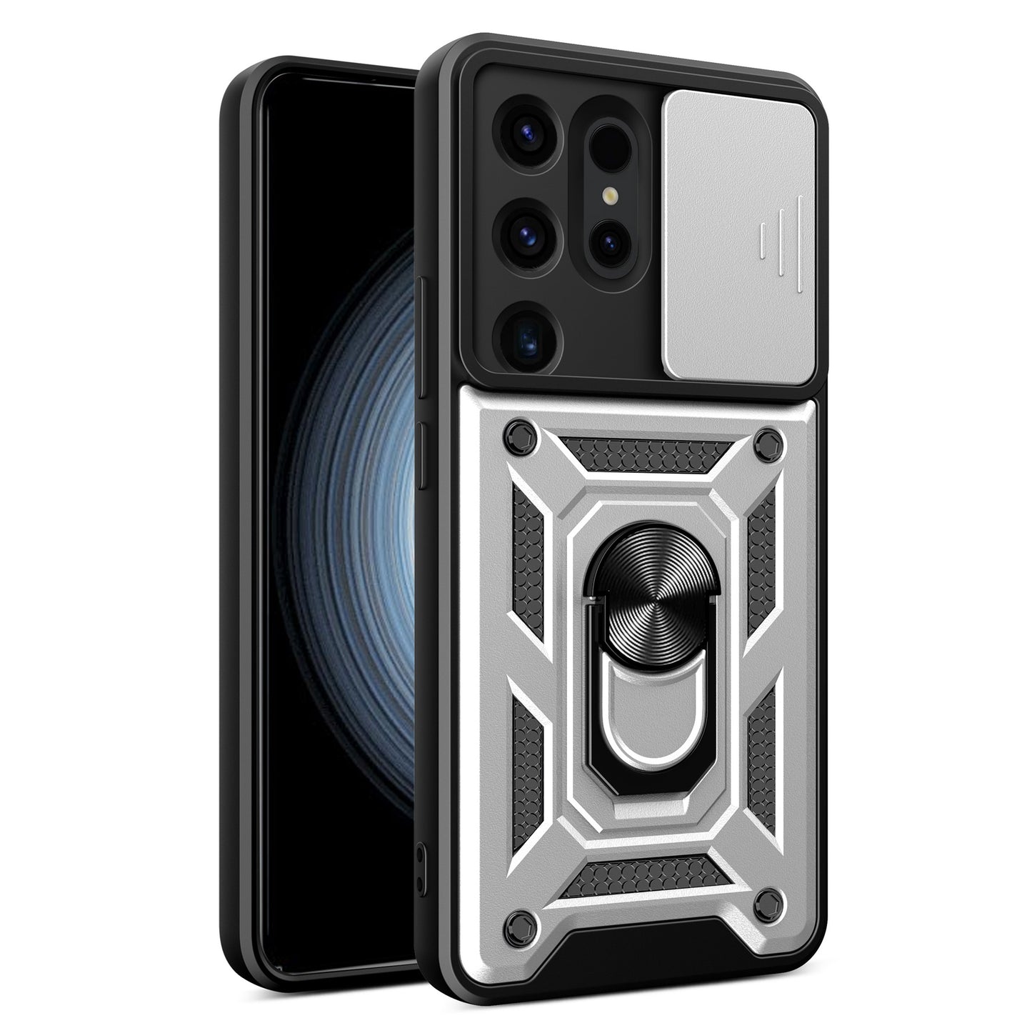 For Samsung Galaxy S24 Ultra Case Kickstand Phone Cover with Slide Lens Protection - Silver