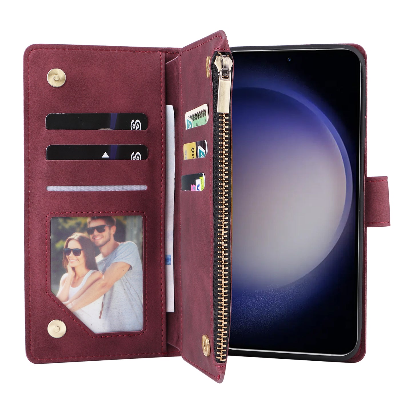 For Samsung Galaxy S24 Case PU Leather Wallet Cover with Multiple Card Slots - Wine Red