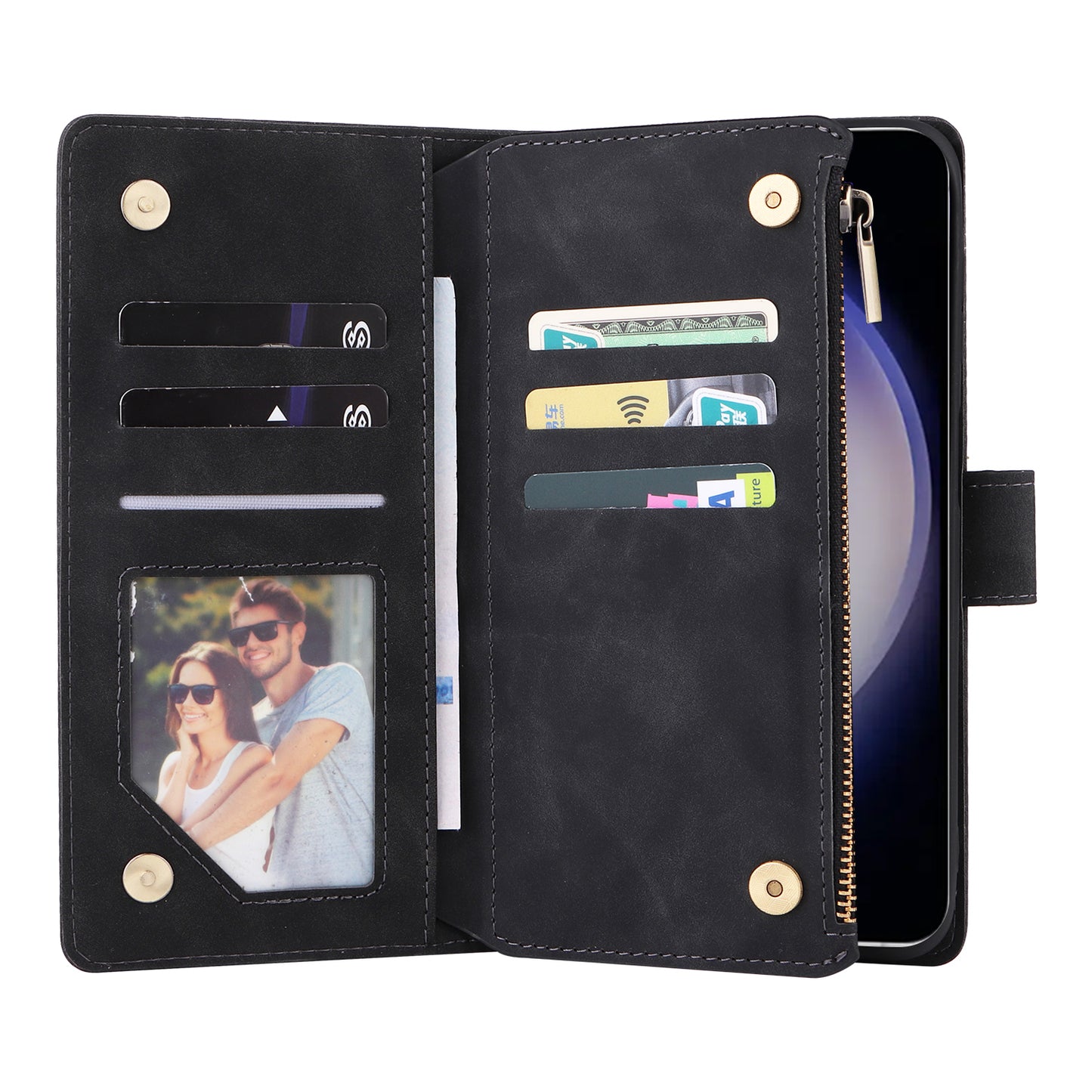 For Samsung Galaxy S24+ Case Multiple Card Slots PU Leather Zipper Pocket Cover - Black