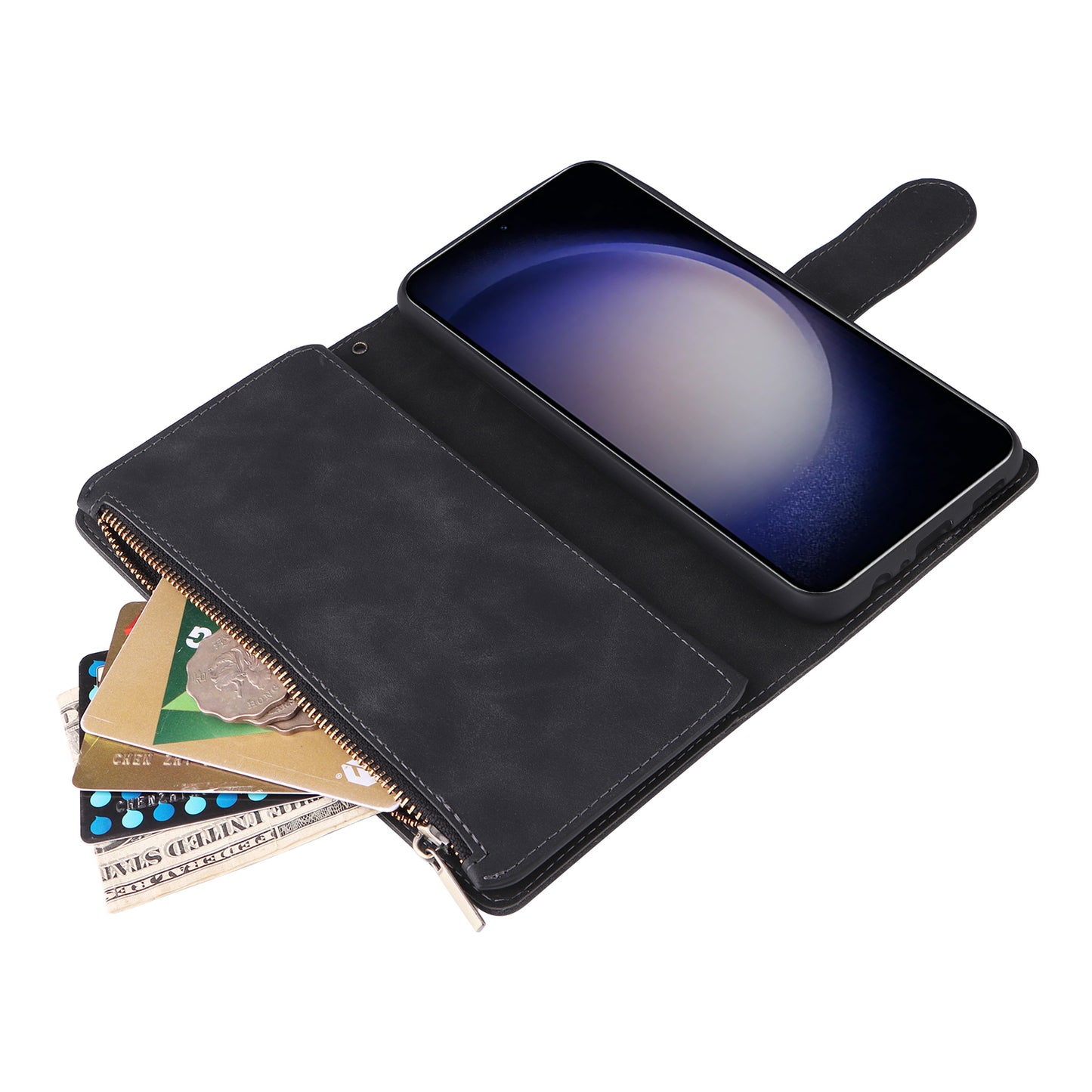 For Samsung Galaxy S24+ Case Multiple Card Slots PU Leather Zipper Pocket Cover - Black