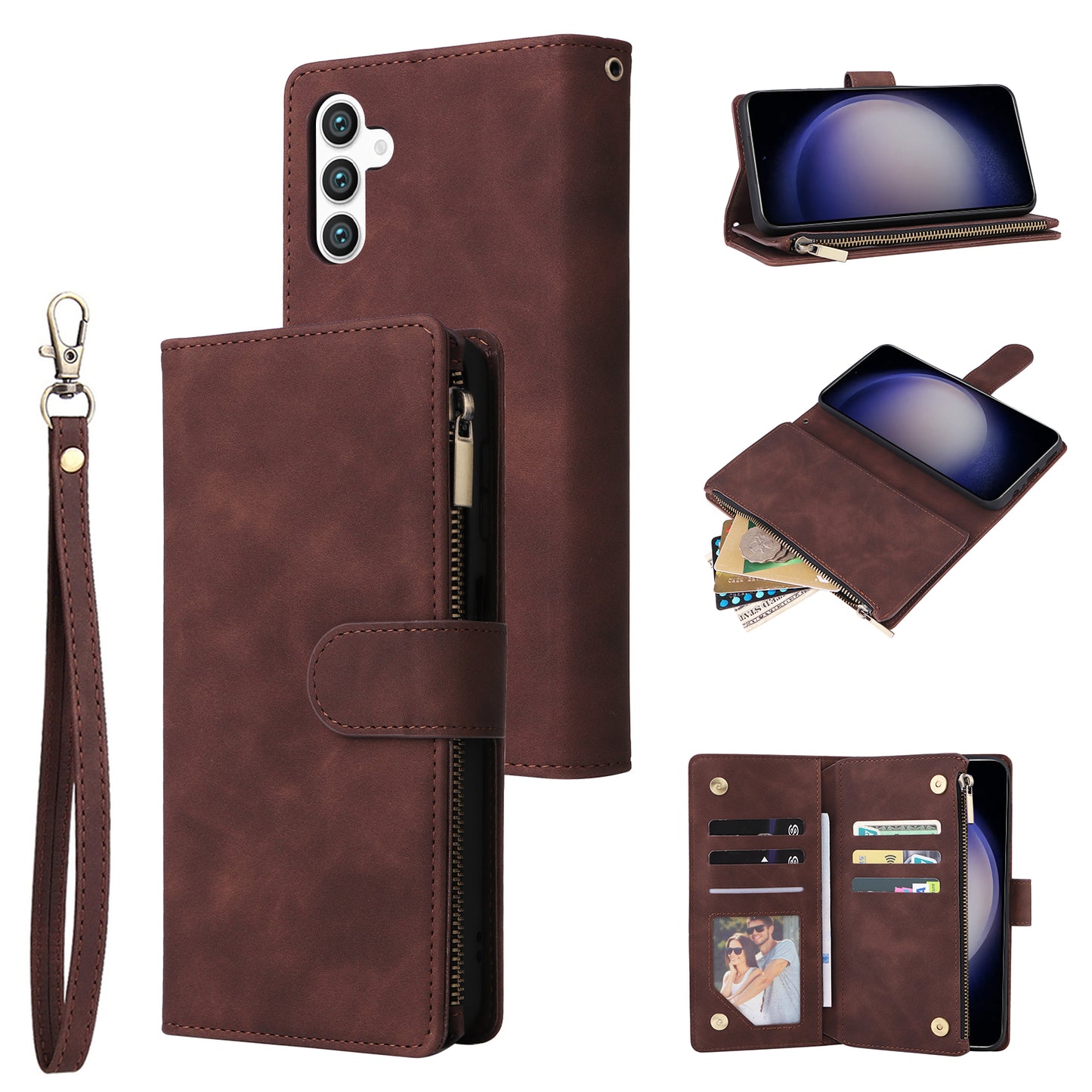 For Samsung Galaxy S24+ Case Multiple Card Slots PU Leather Zipper Pocket Cover - Coffee