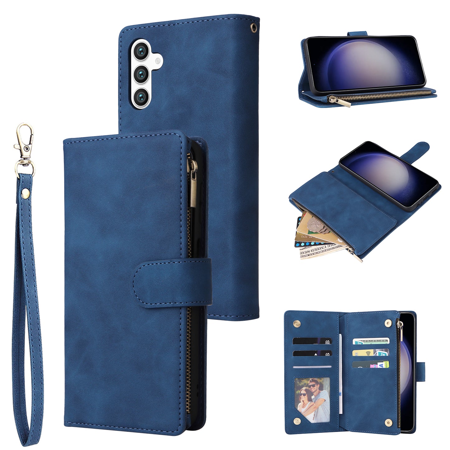 For Samsung Galaxy S24+ Case Multiple Card Slots PU Leather Zipper Pocket Cover - Blue