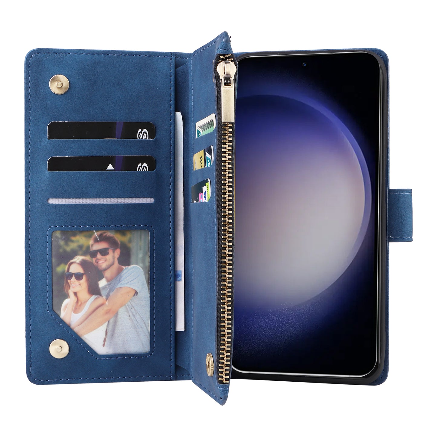For Samsung Galaxy S24+ Case Multiple Card Slots PU Leather Zipper Pocket Cover - Blue