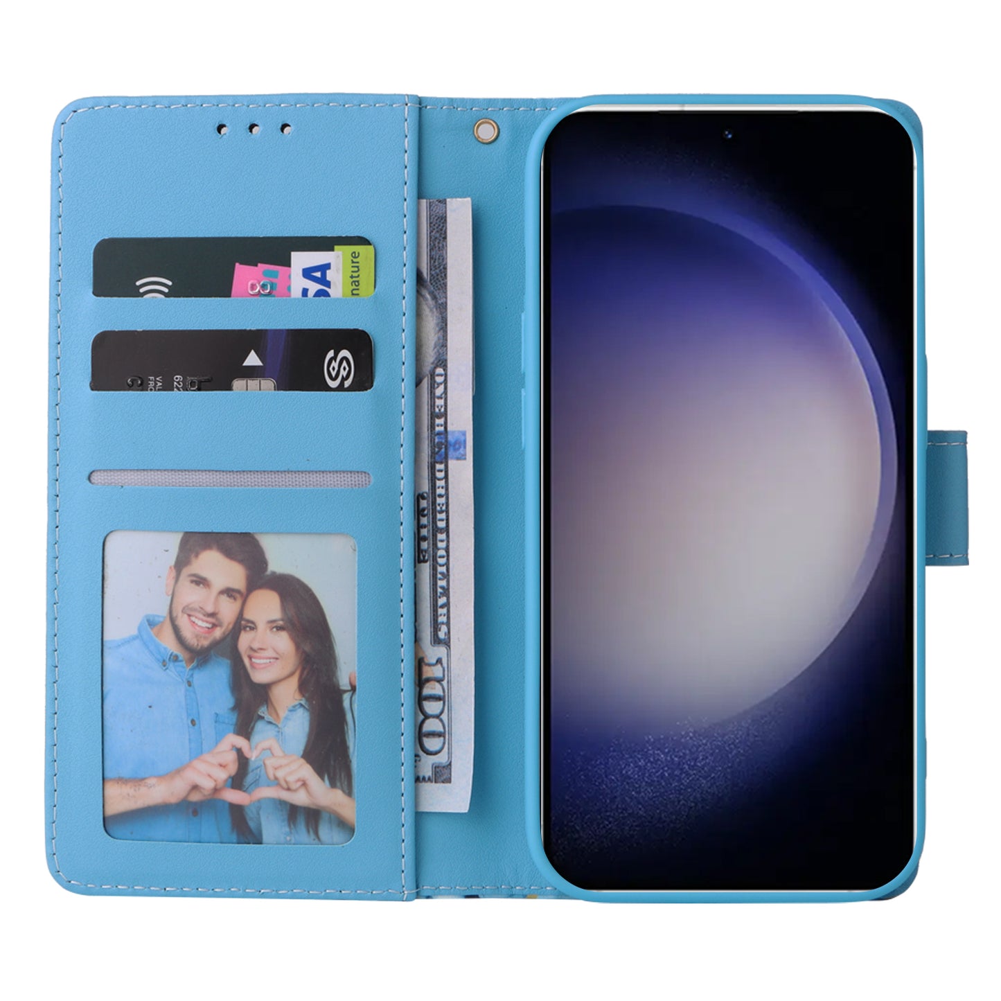 For Samsung Galaxy S24 Case PU Leather Marble Pattern Phone Wallet Cover - Blue