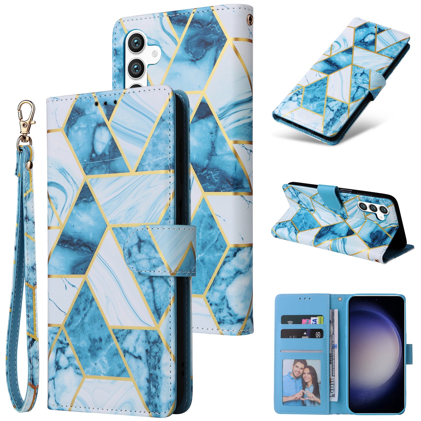 For Samsung Galaxy S24 Case PU Leather Marble Pattern Phone Wallet Cover - Blue