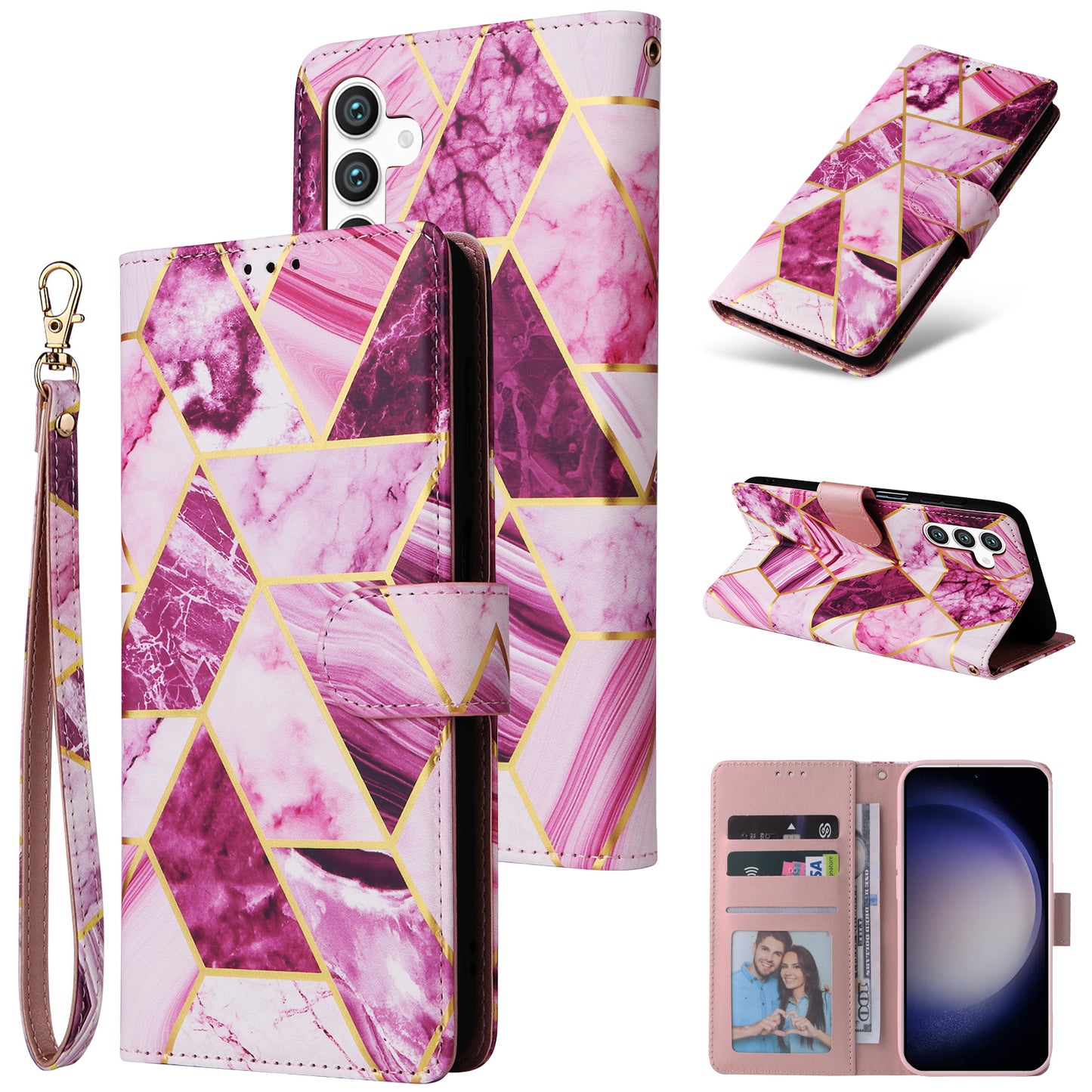 For Samsung Galaxy S24 Case PU Leather Marble Pattern Phone Wallet Cover - Purple