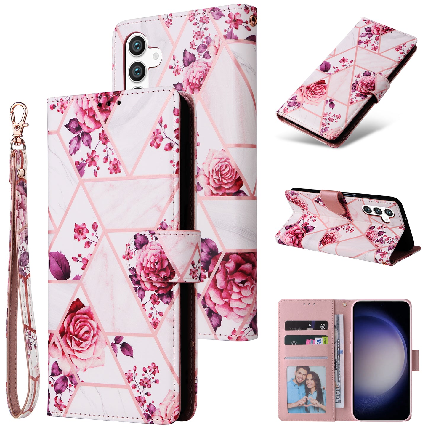 For Samsung Galaxy S24 Case PU Leather Marble Pattern Phone Wallet Cover - Rose Gold