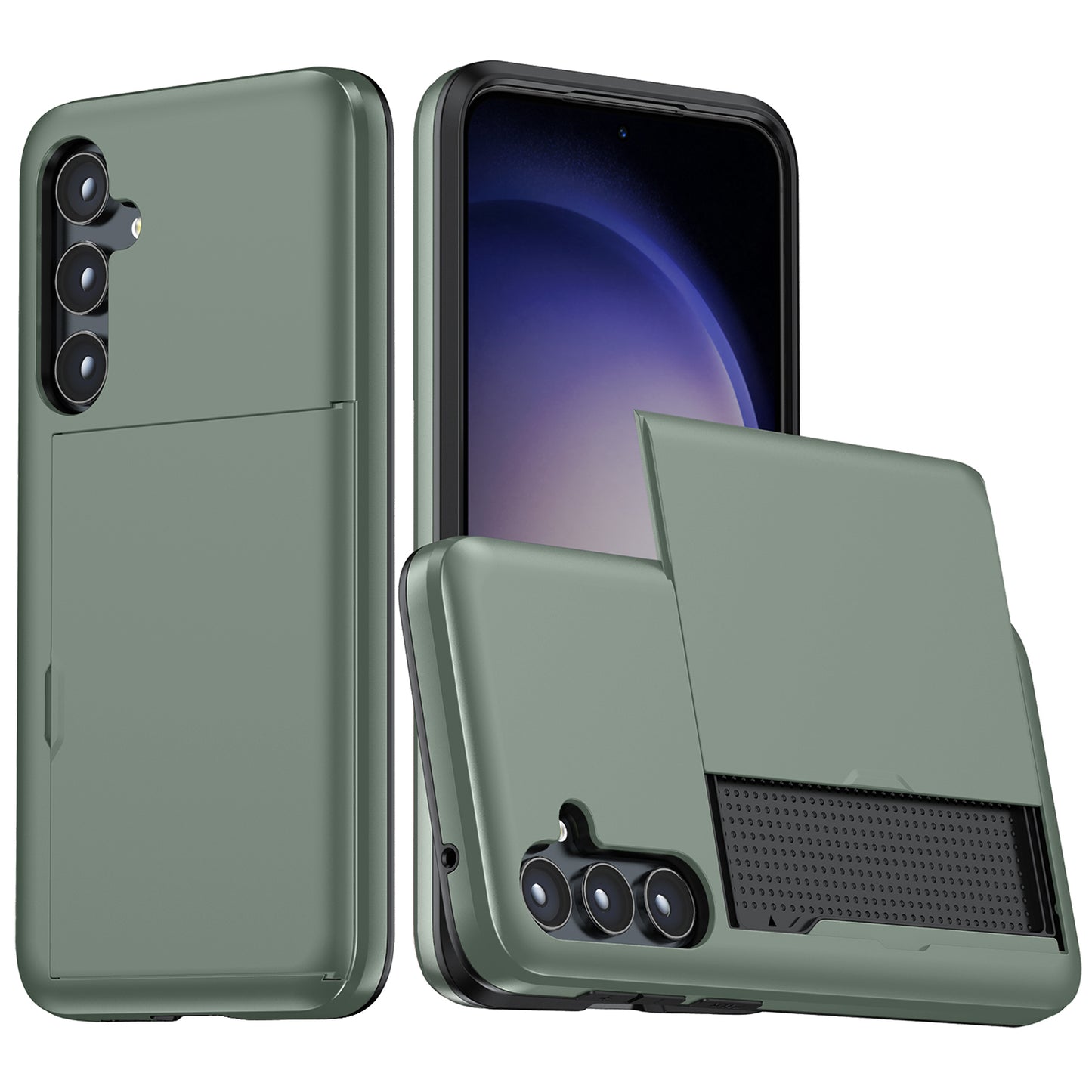 For Samsung Galaxy S24+ Case TPU + PC Phone Cover with Slide Card Holder - Army Green