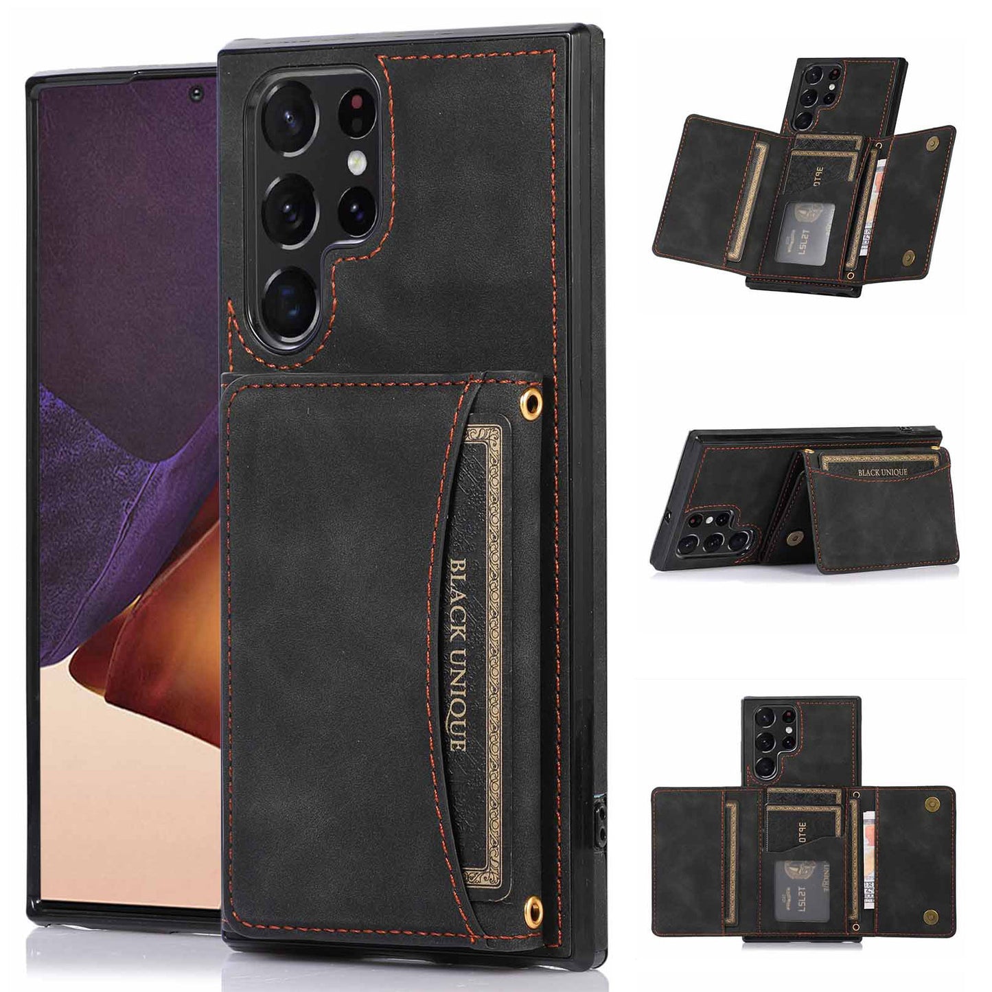 For Samsung Galaxy S24 Ultra Case Tri-fold Wallet Phone Kickstand Cover - Black