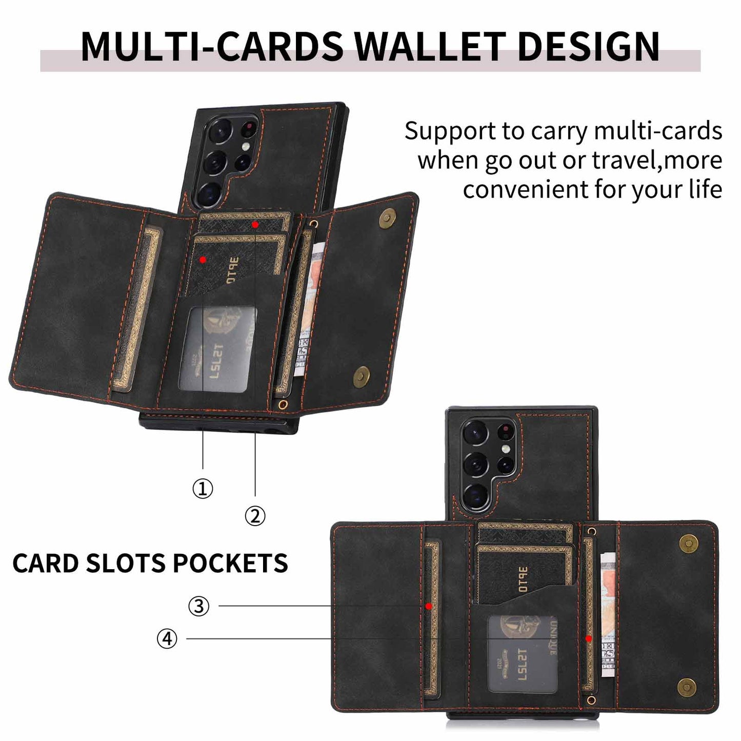 For Samsung Galaxy S24 Ultra Case Tri-fold Wallet Phone Kickstand Cover - Wine Red