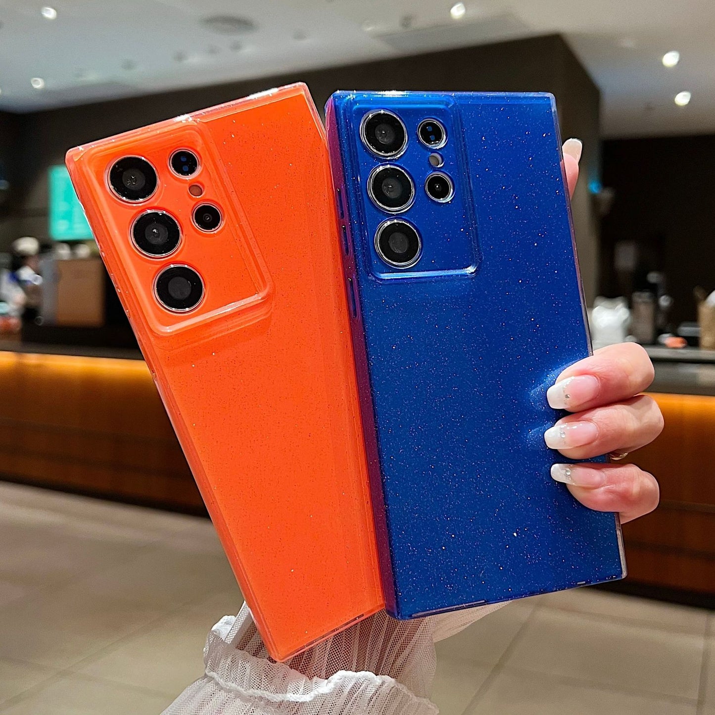 For Samsung Galaxy S24 Ultra Case Precise Lens Protection Glitter TPU Phone Cover - Orange