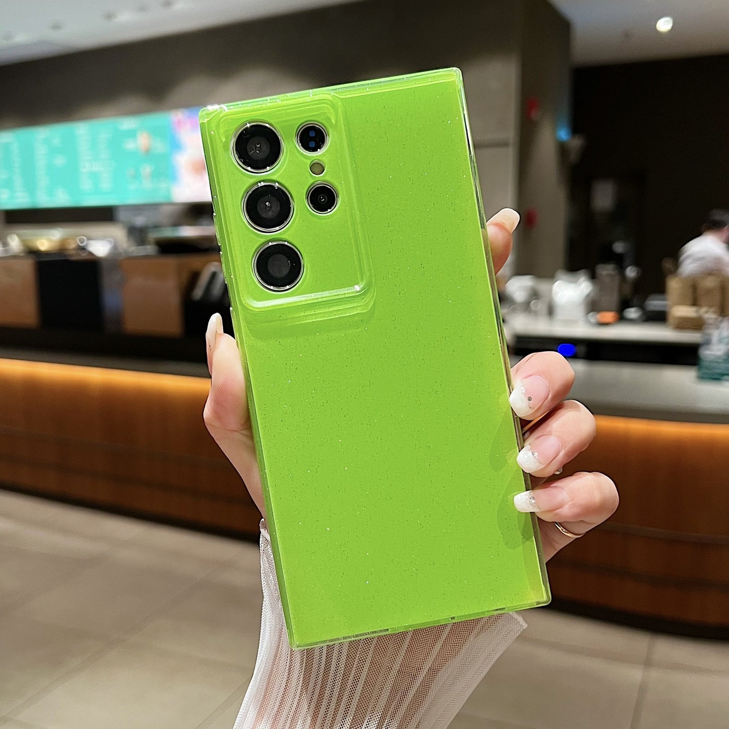 For Samsung Galaxy S24 Ultra Case Precise Lens Protection Glitter TPU Phone Cover - Fluorescent Green