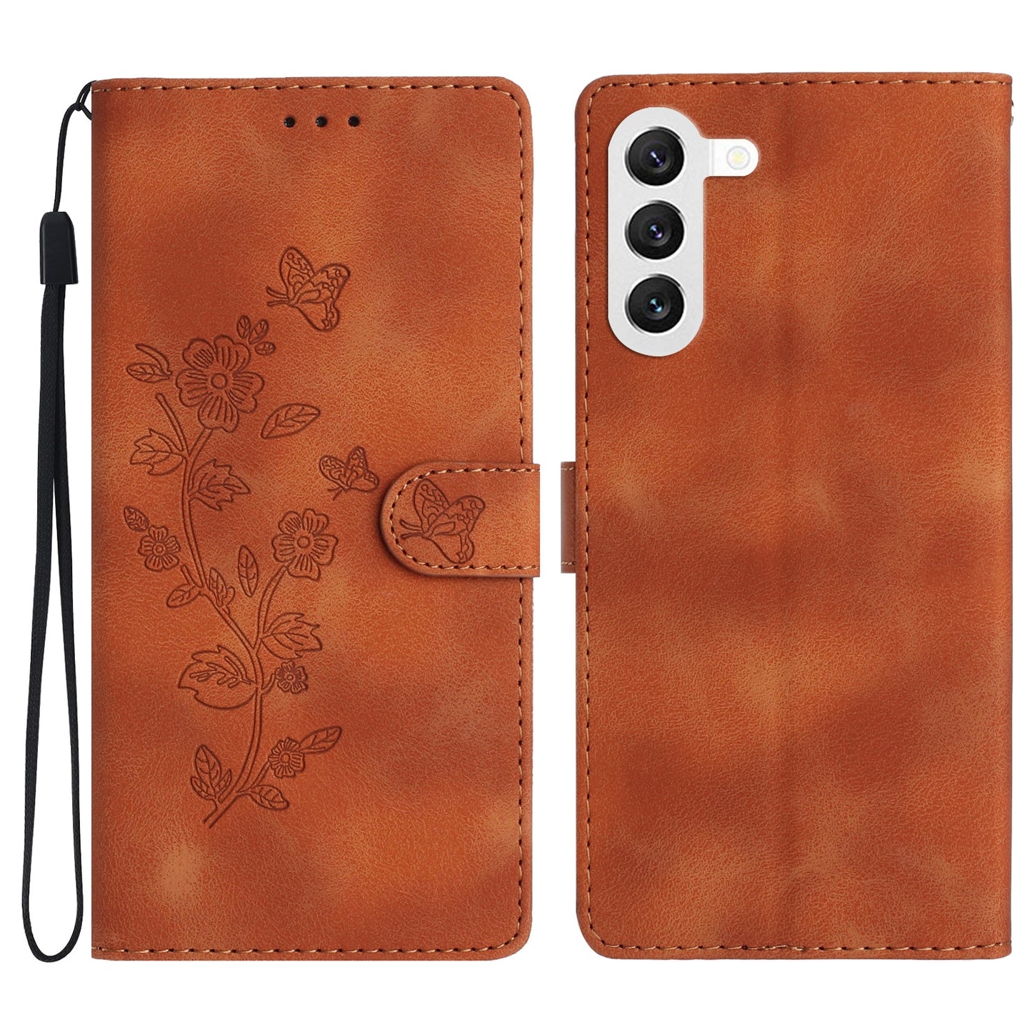 For Samsung Galaxy S24 Imprinted Flower Wallet Magnetic Phone Case PU Leather Stand Cover - Brown