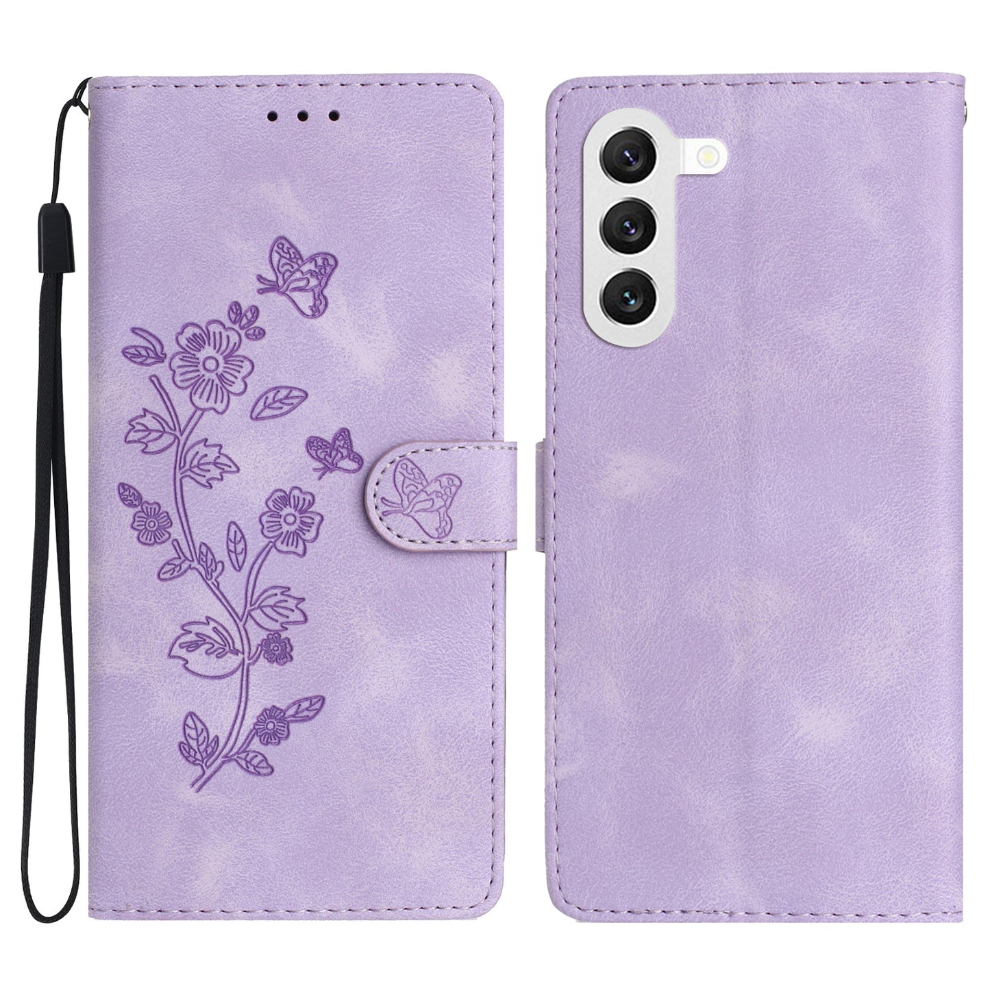 For Samsung Galaxy S24 Imprinted Flower Wallet Magnetic Phone Case PU Leather Stand Cover - Purple