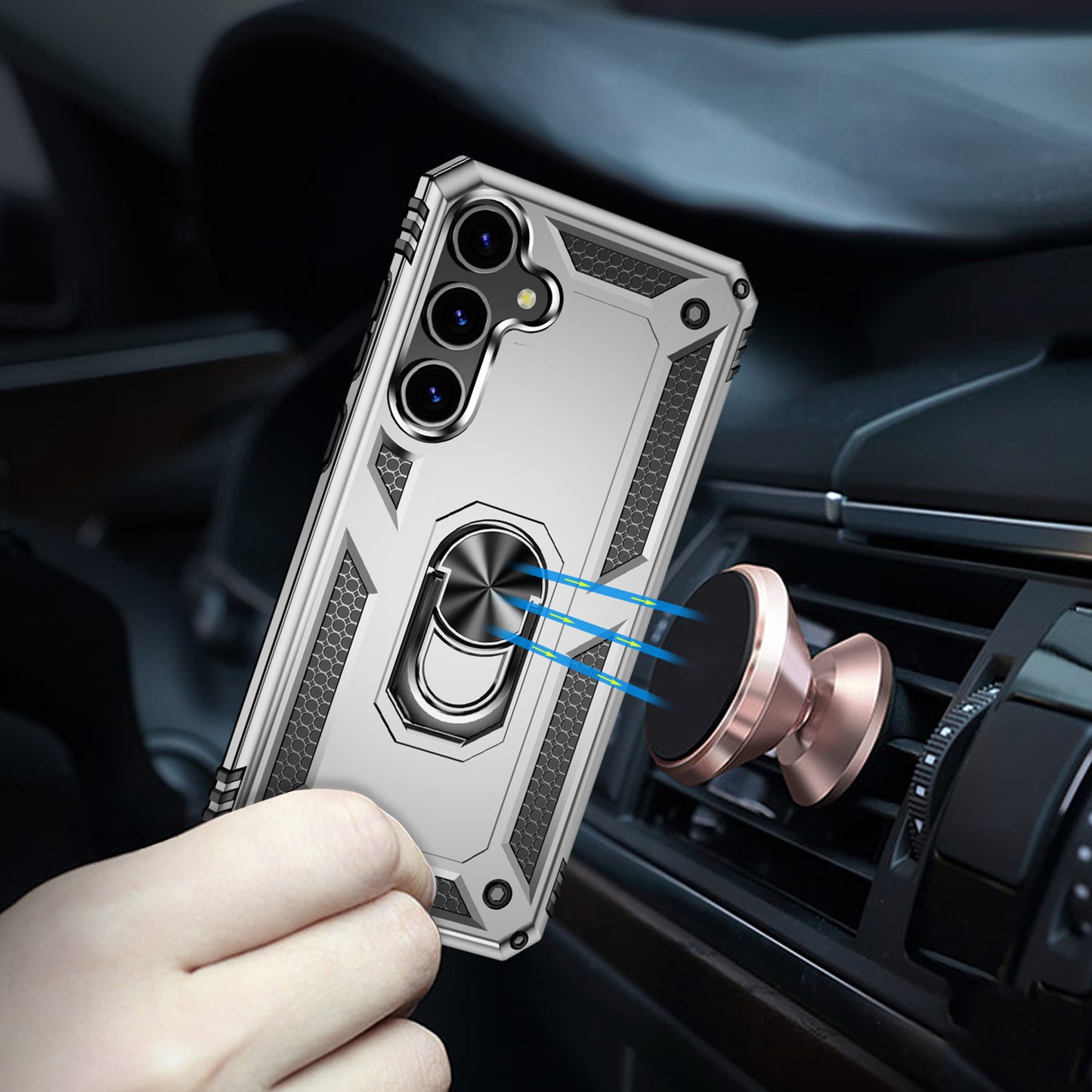 For Samsung Galaxy S24+ Case TPU+PC Phone Cover with Ring Kickstand - Silver