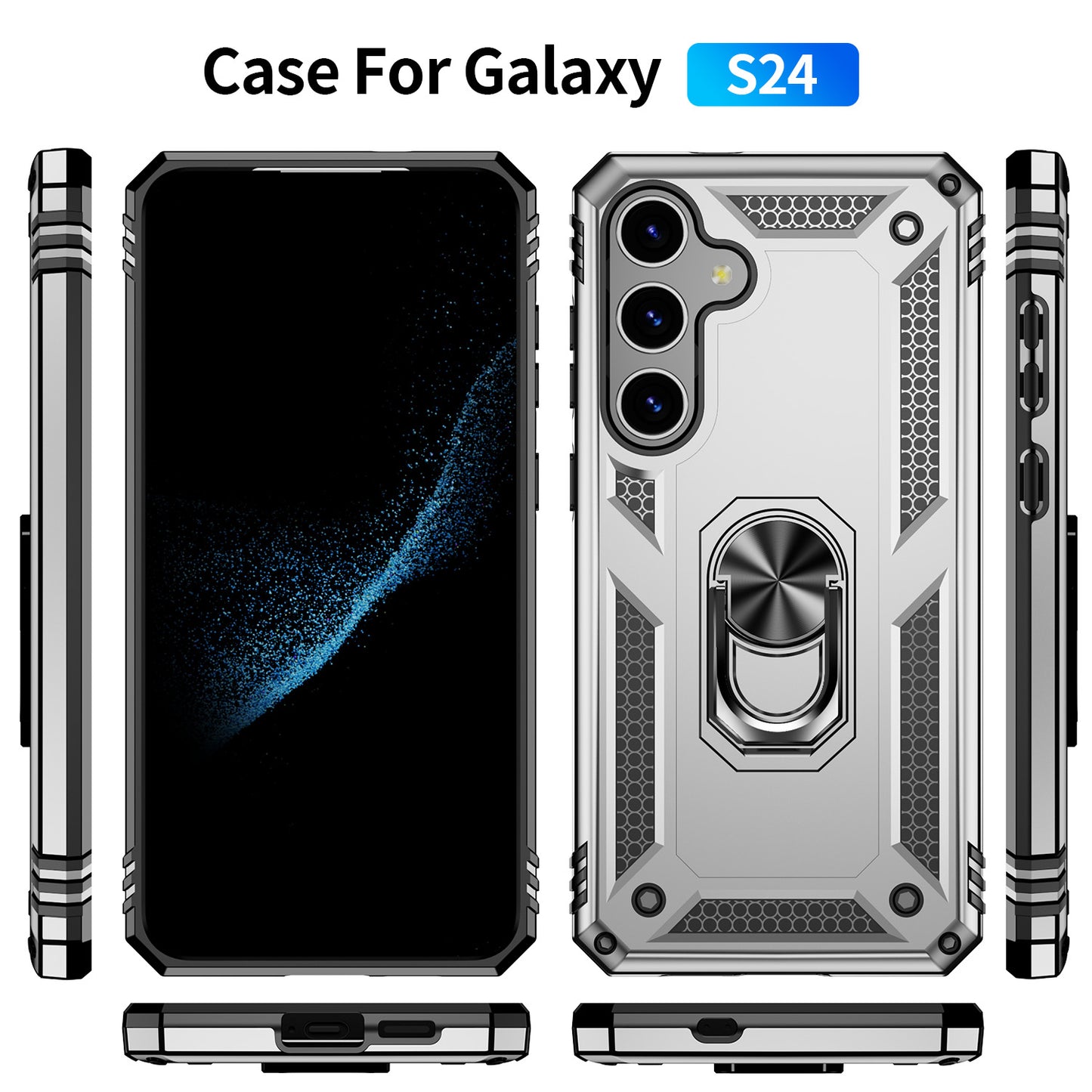 For Samsung Galaxy S24+ Case TPU+PC Phone Cover with Ring Kickstand - Silver