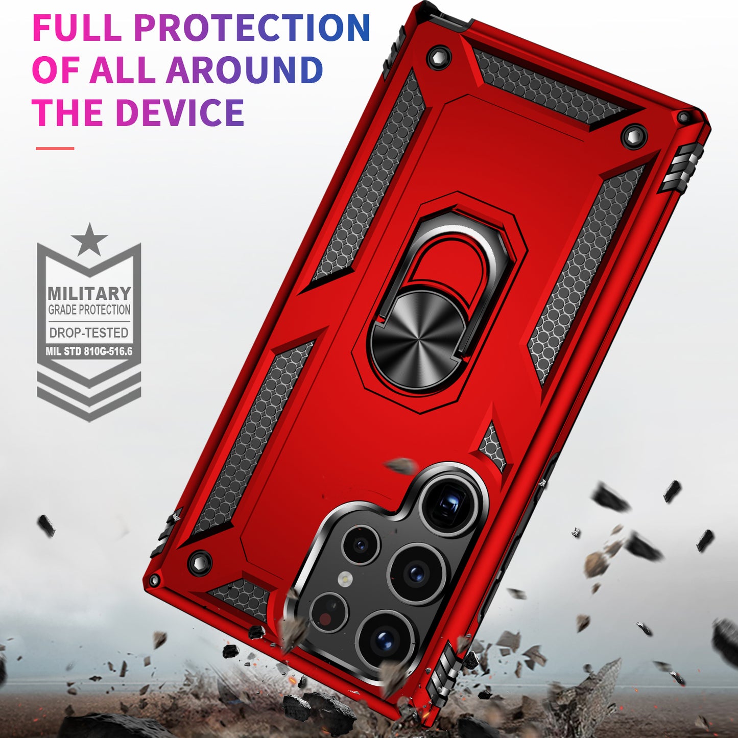 For Samsung Galaxy S24 Ultra Case TPU+PC Ring Kickstand Phone Back Shell - Red