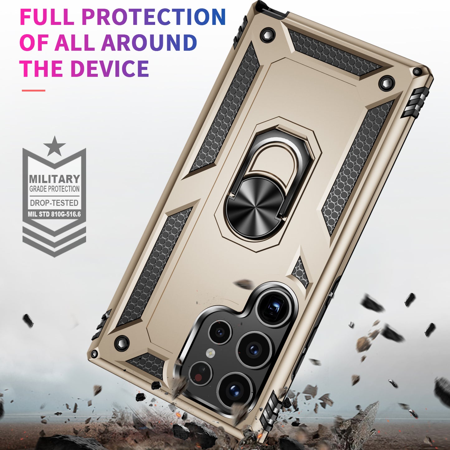 For Samsung Galaxy S24 Ultra Case TPU+PC Ring Kickstand Phone Back Shell - Gold